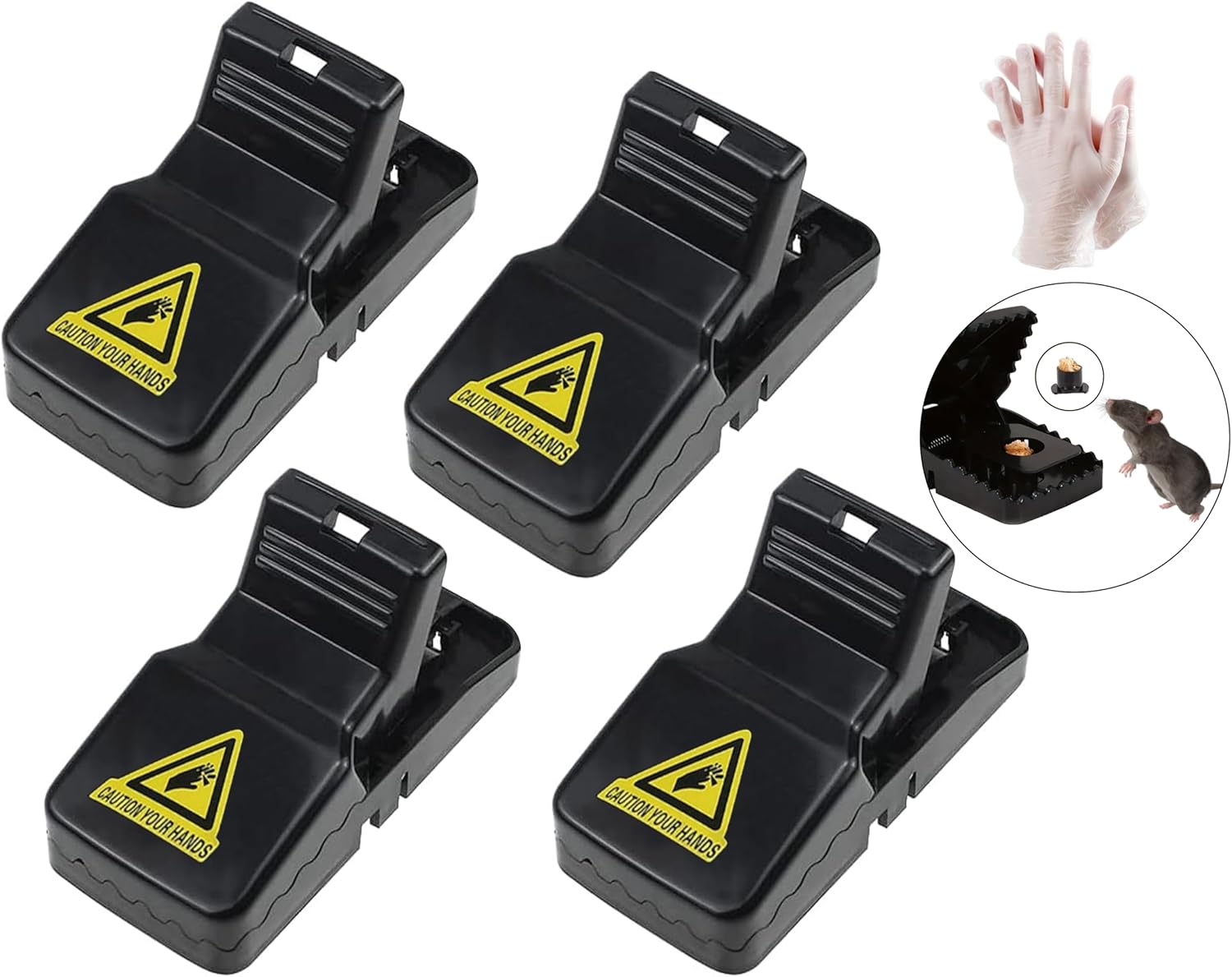 ZXPR Rat Traps - 4 x Large Heavy Duty Humane Mouse Traps That Kill Instantly for Indoors, Outdoor, Gardens -14 cm Reusable Rodent Solution with 1 Pair of Bonus Gloves (Black 4Pcs Rat Traps)