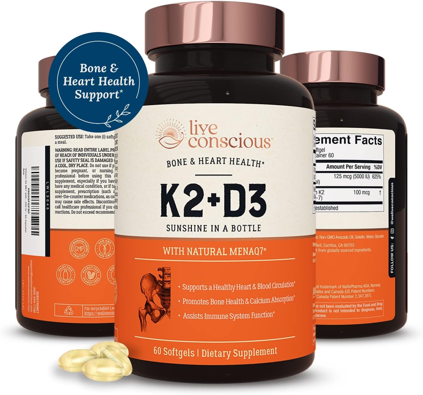 Live Conscious Vitamin K2 MK7 with D3 Supplement | Bone & Heart Health Support - Patented Vitamin K & Vitamin D3 5000 IU - 60 Softgels