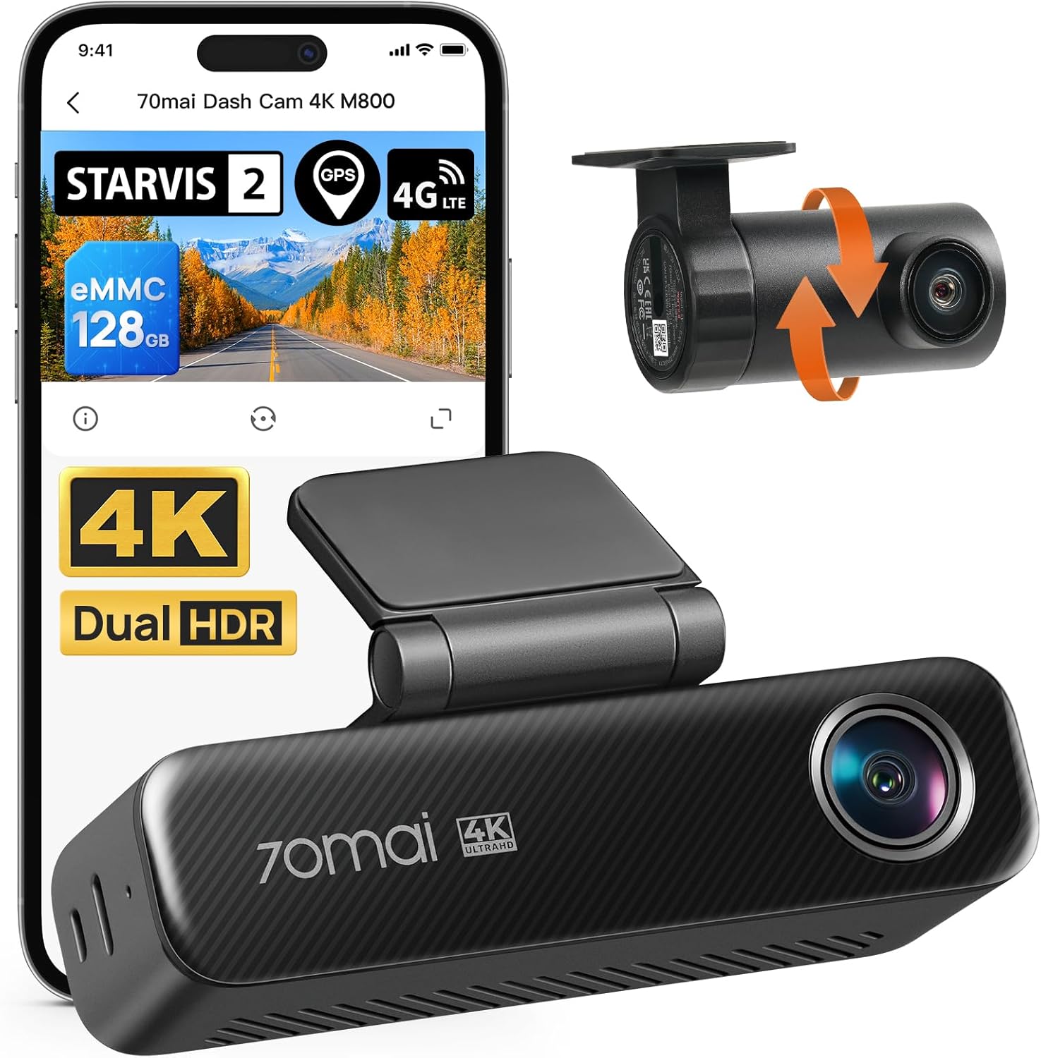 70mai M800 4K Dash Cam Front and Rear for Cars, STARVIS 2 IMX678 Super Night Vision & F1.7 Aperture, Dual HDR, 4G LTE & 5GHz Wi-Fi, Built-in 128GB eMMC, GPS, Voice Control, Parking Monitor