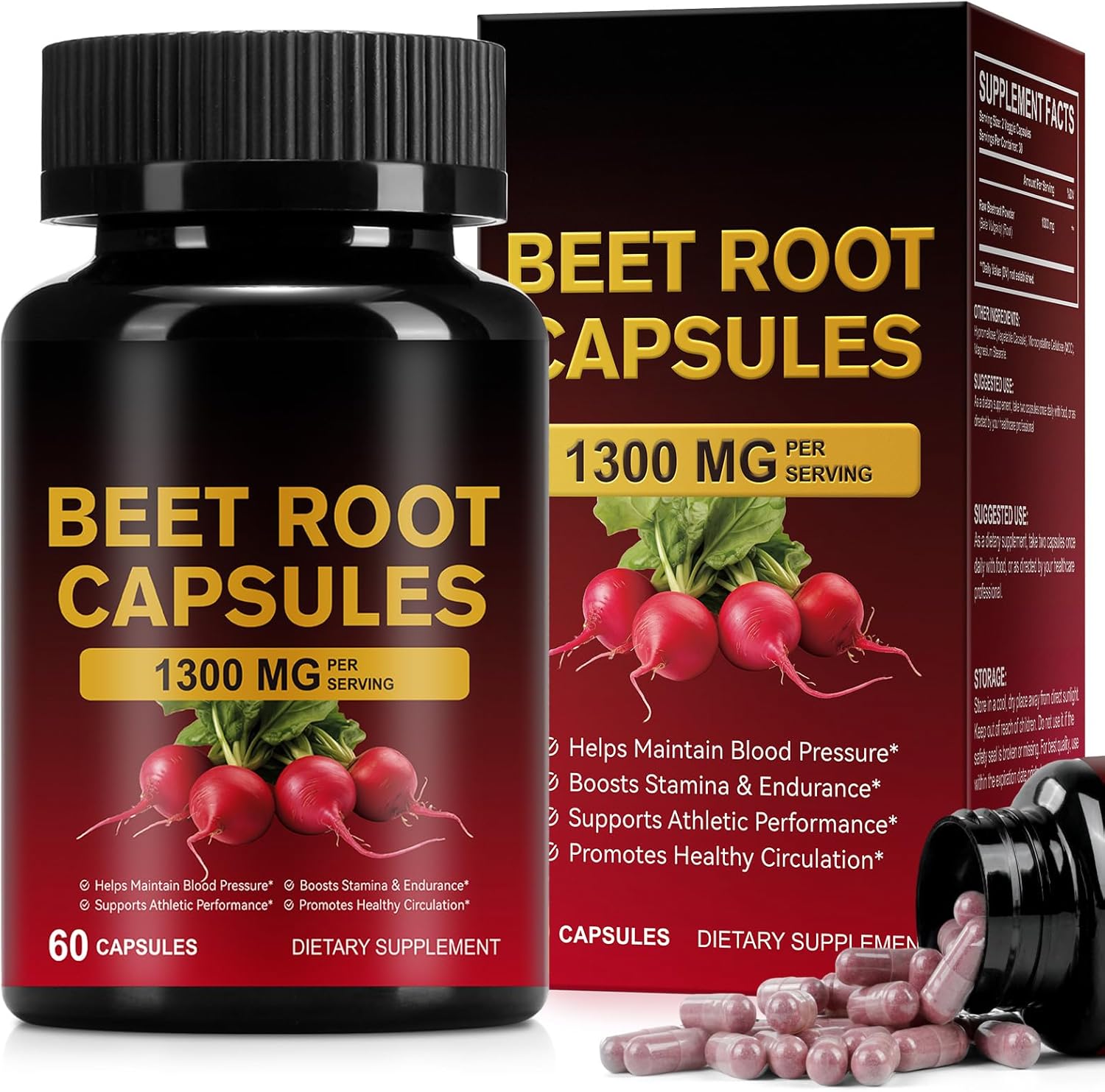 Beetroot Capsules 1300mg, Beetroot Powder for Endurance Support & Energy, Vegan Beet Root Supplement (60 Capsules, 30-Day Supply)