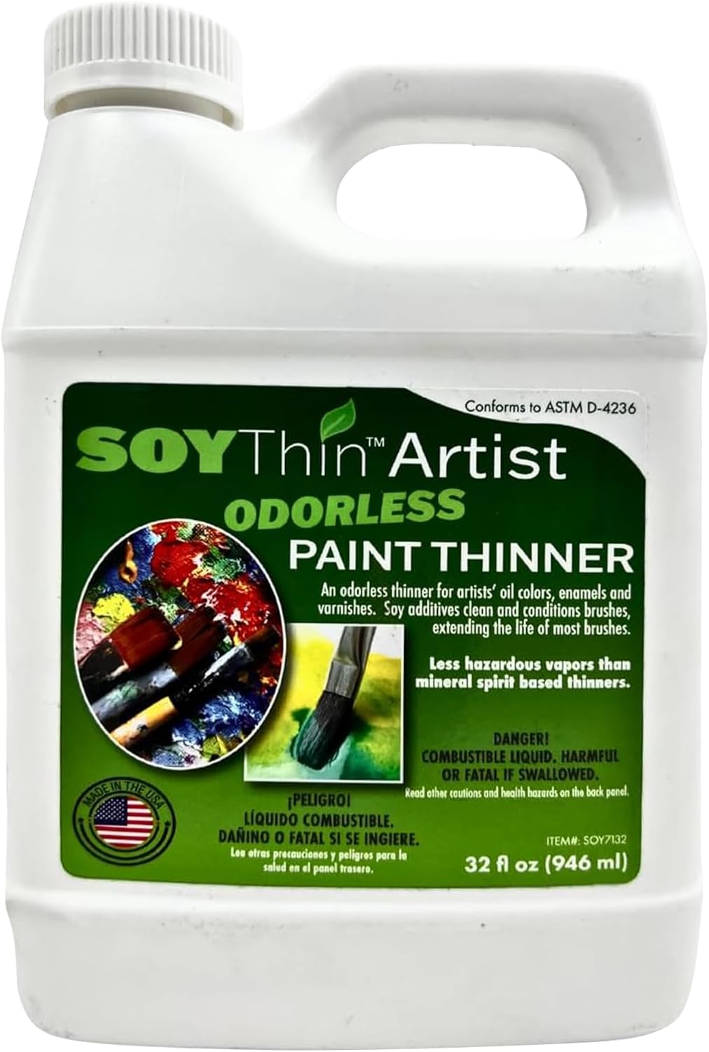 Eco Safety SoyThin Odorless Paint Thinner for Oil Painting, Oil Colors, Enamel & Varnishes - Paint Brush Cleaner and Restorer - Quart
