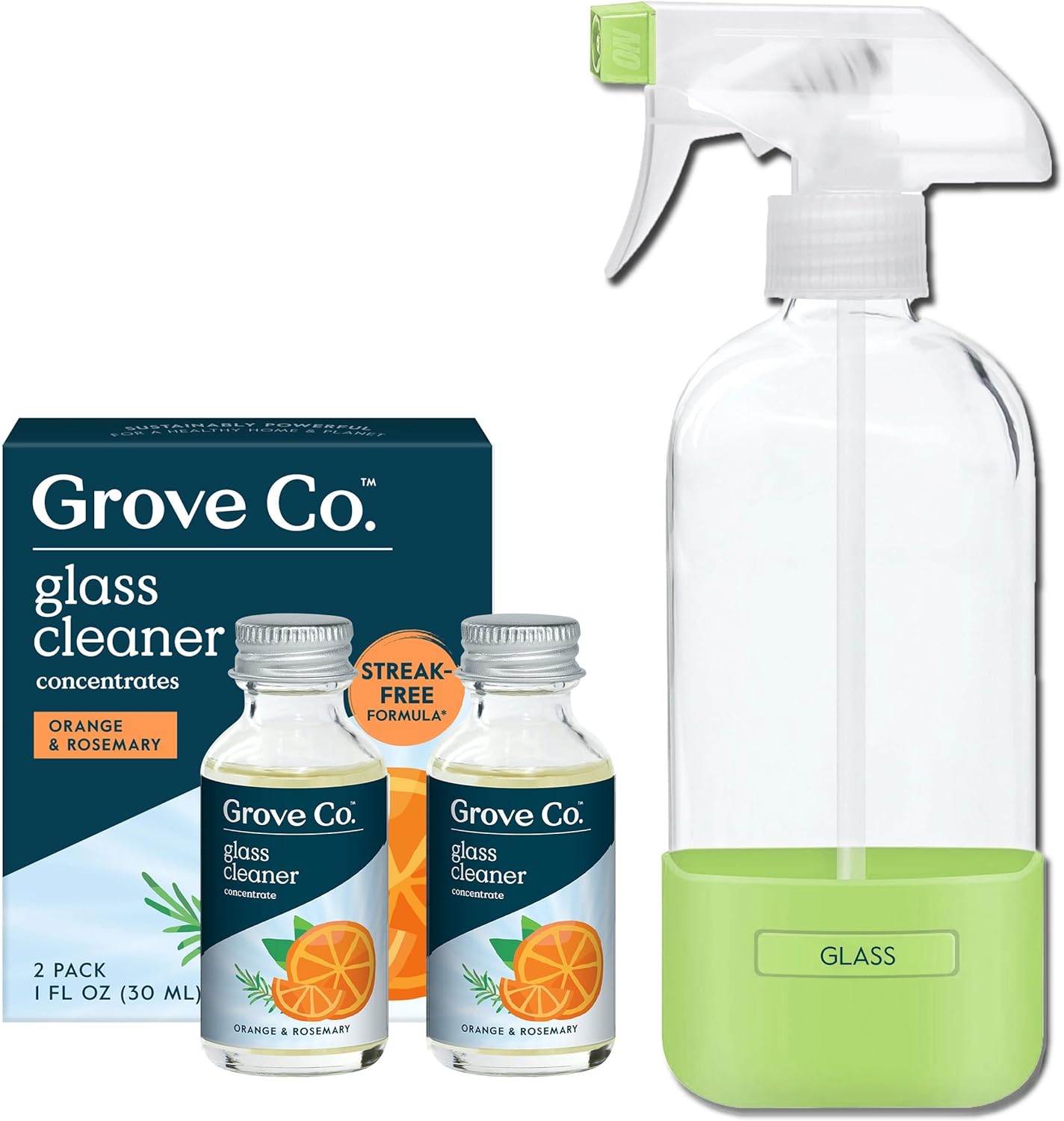 Grove Co. Glass Cleaner, Refill Concentrate (2 x 1 Fl Oz) + 1 x Reusable Glass Spray Bottle (16 Oz) Plant-Based Cleaning Supplies Bundle, No Plastic Waste, 100% Natural Orange & Rosemary Fragrance