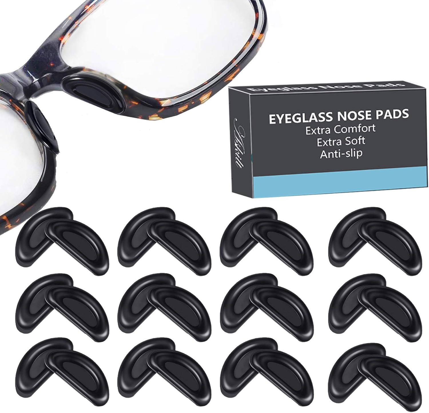 Eyeglass Nose Pads, Adhesive Anti-Slip Nose Pads, Soft Silicone Nose Pad Cushion for Glasses, Eyeglasses, Sunglasses, 12 Pairs (Black)