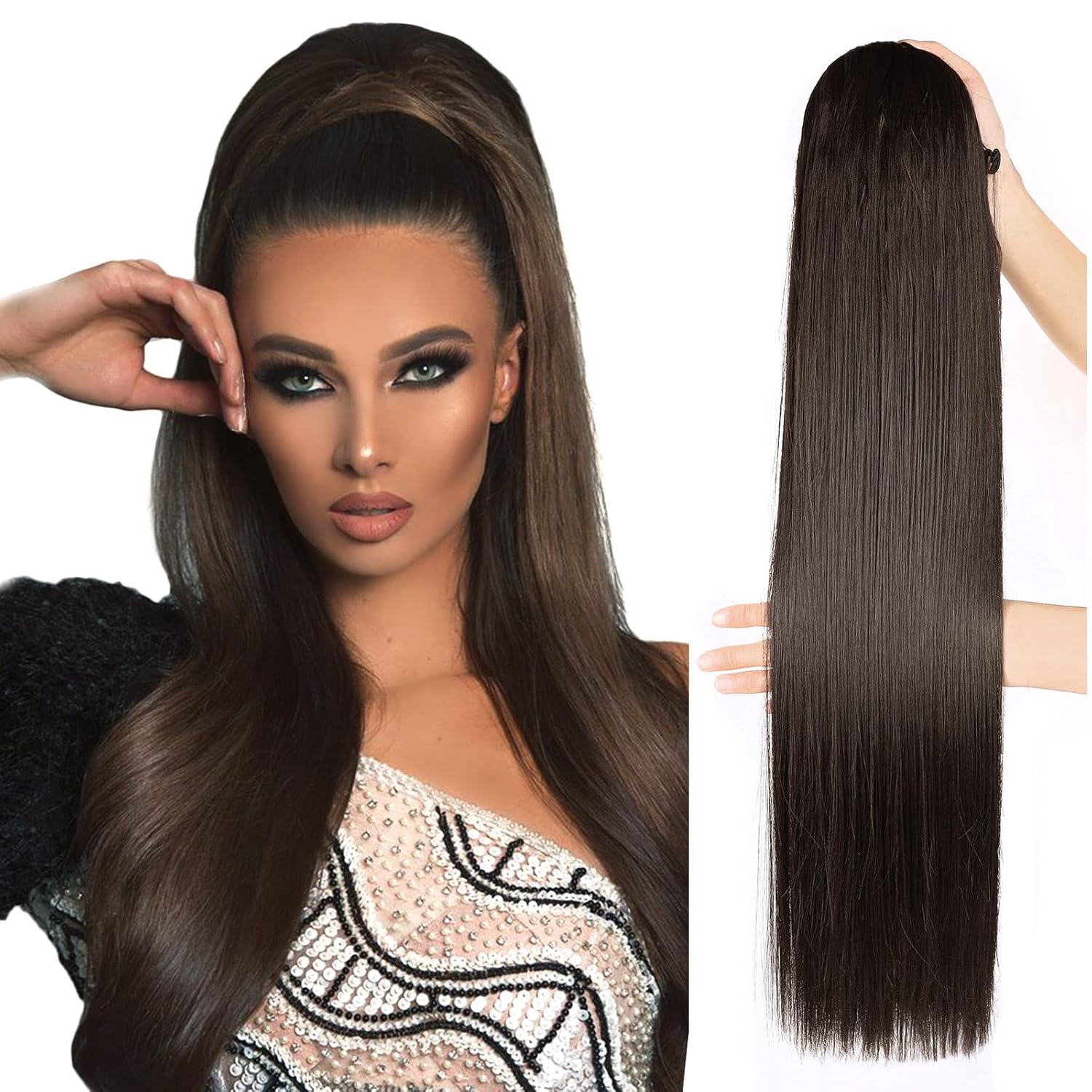 Meepo 32 Inch Straight Ponytail Extensions Synthetic Drawstring Ponytail For Black Women Human Hair Feeling With Clip In Thick Ponytail Hair Cholocate Brown Hairpiece(4,160g) (32", 4)