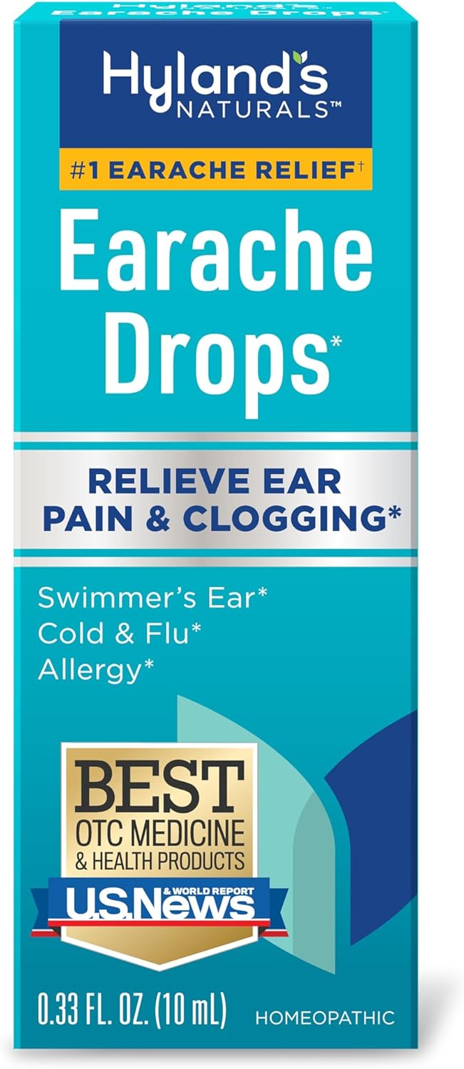 Hyland's Earache Drops, Natural Relief of Swimmer's Ear, Cold & Flu, Allergy Symptoms, Ages 4 & up, Day & Night, 0.33 Fl Oz