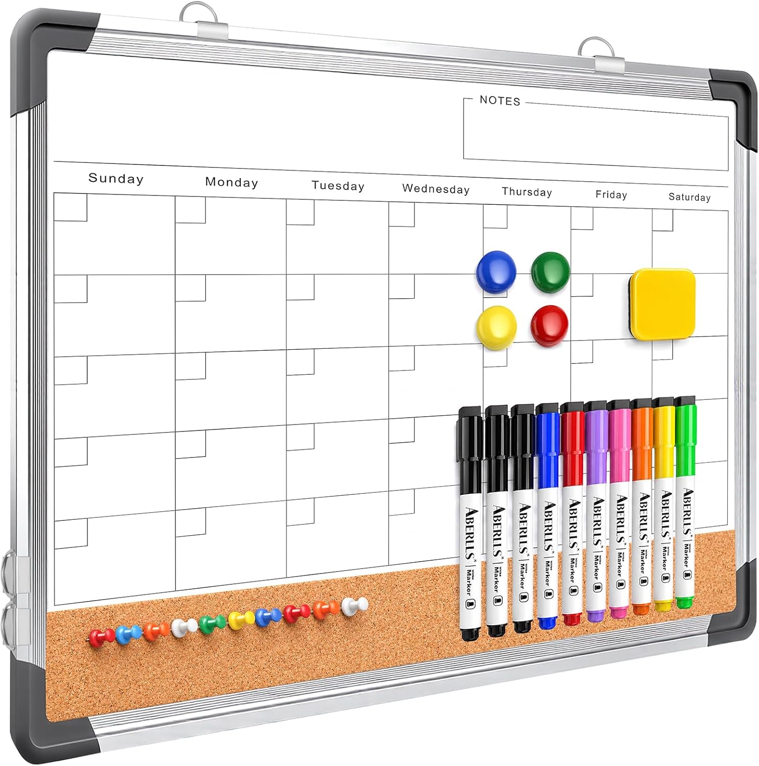 Monthly Calendar Whiteboard for Wall, Dry Erase Board with Cork Board Combo