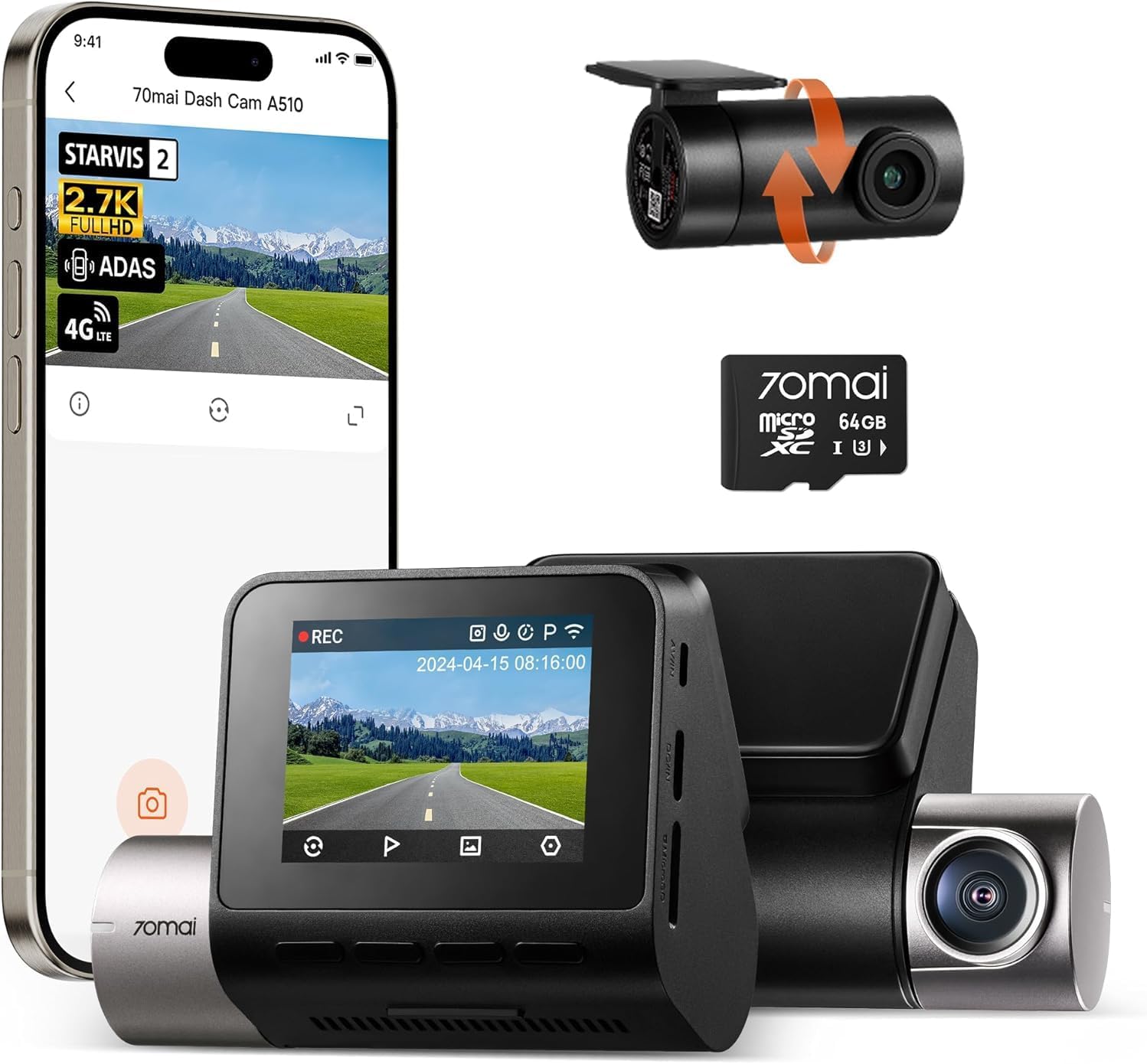 70mai 2.7K Dash Cam Front and Rear A510, 1944P+1080P Ultra Full HD Dual Car Camera with STARVIS 2 IMX675 and 64GB Card, Built-in GPS, G-Sensor, ADAS, HDR, Night Vision, APP Control, Max 256GB