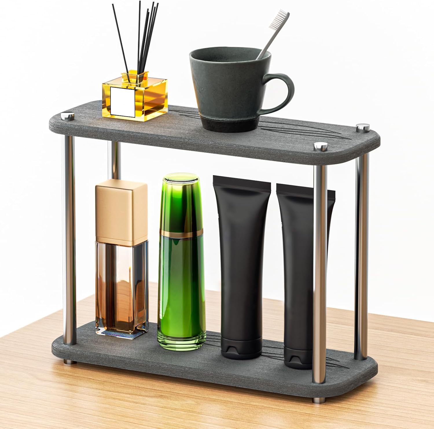 Bathroom Sink Caddy Tidy Organizer, Instant Quick Fast Drying Diatomaceous Earth Sink Absorbing Stone Sponge Holder, Toothbrush Holder, 2-Tier, Grey