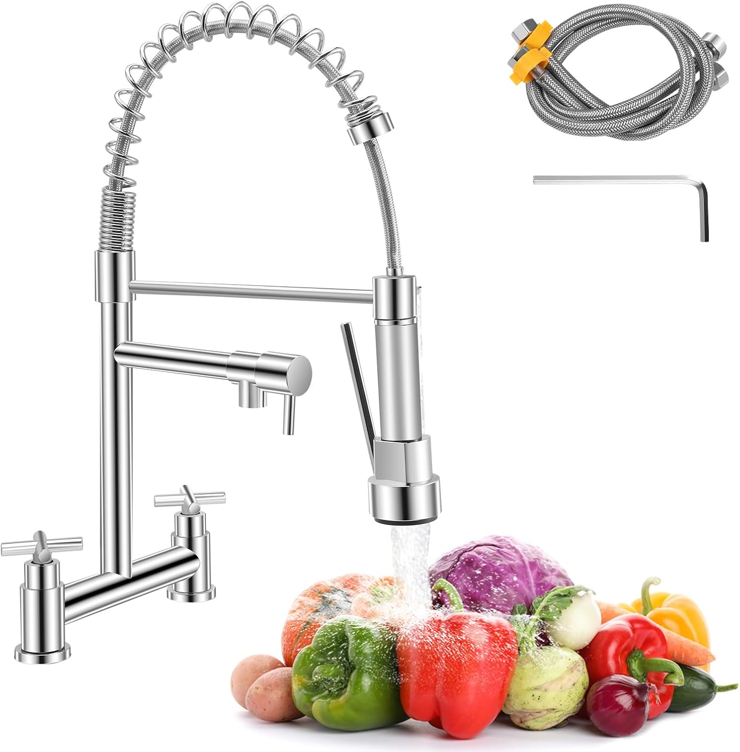 Kitchen Taps Mixer, Sink Mixer Taps 2 Hole Dual Lever, 360° Swivel Brass Faucet with 2 Spray Modes, Corrosion-Resistant Ceramic Valve, Easy Install 2-Hole Deck Mounted (UK 180mm Centre) (Silvery)