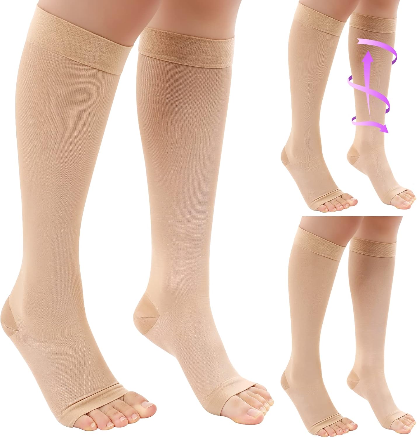 Shellwei 3 Pairs Sheer Compression Socks for Women 20-30 mmHg Knee High Compression Stockings Open Toe Support Stockings