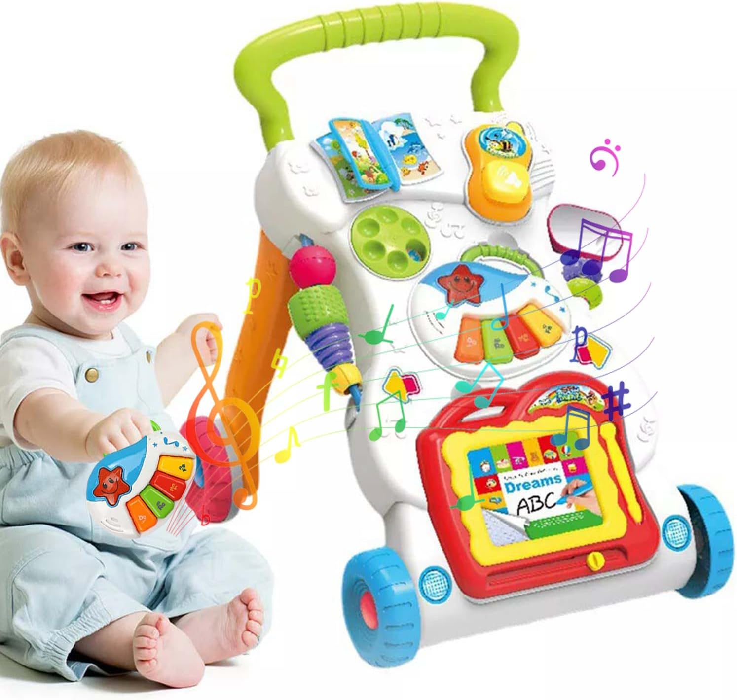 Gziztx Baby Walker First Steps Push Along Walker with Detachable Phone, Piano, Drawing Board, Shapes, Sounds, Music, Suitable for Babies Aged 6 Months and Above, Boys and Girls
