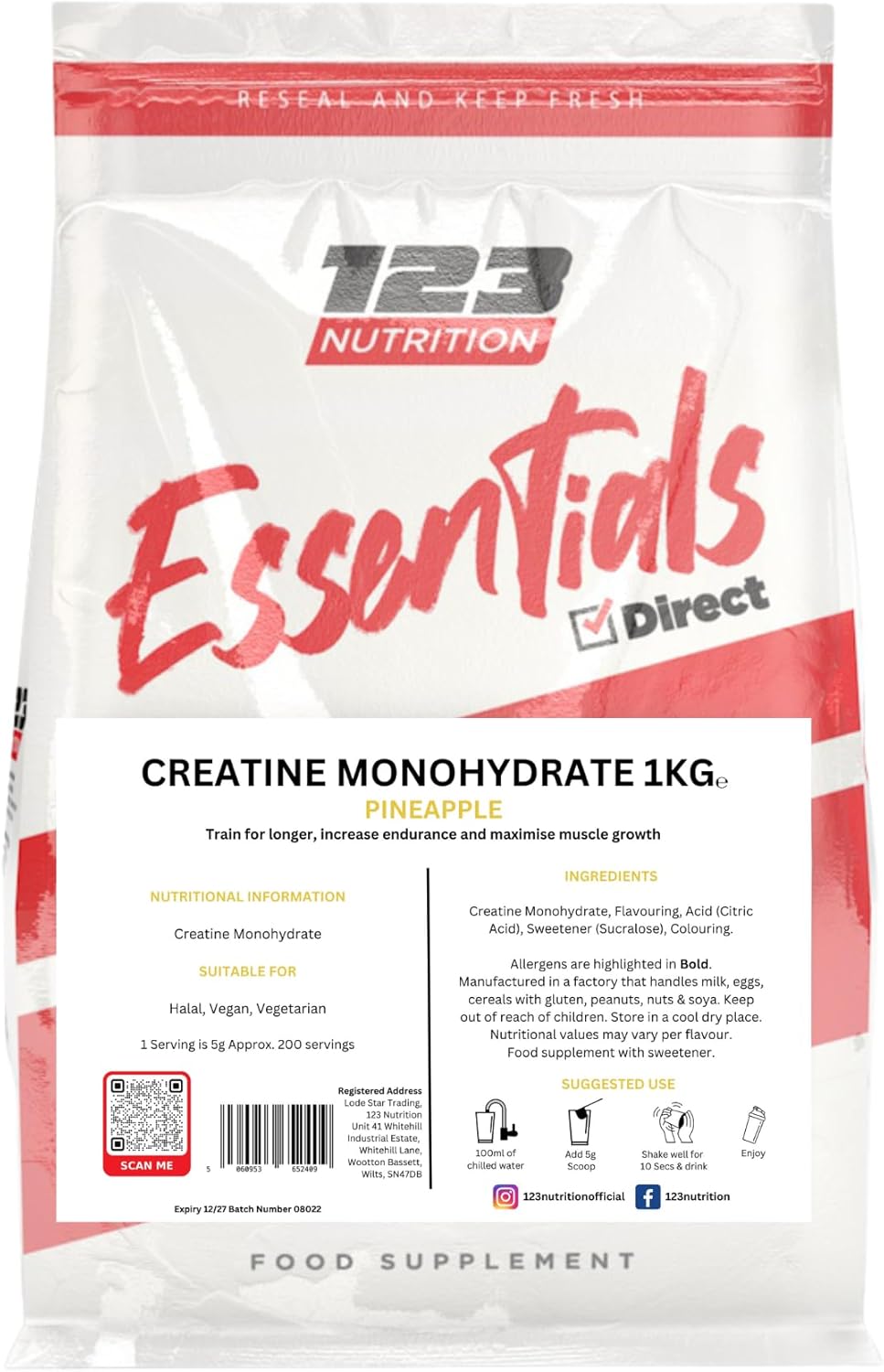 123 Nutrition Creatine Monohydrate 1kg, Flavoured, Micronised Creatine for Easy Mixing | Vegan Friendly (1kg, Pineapple)
