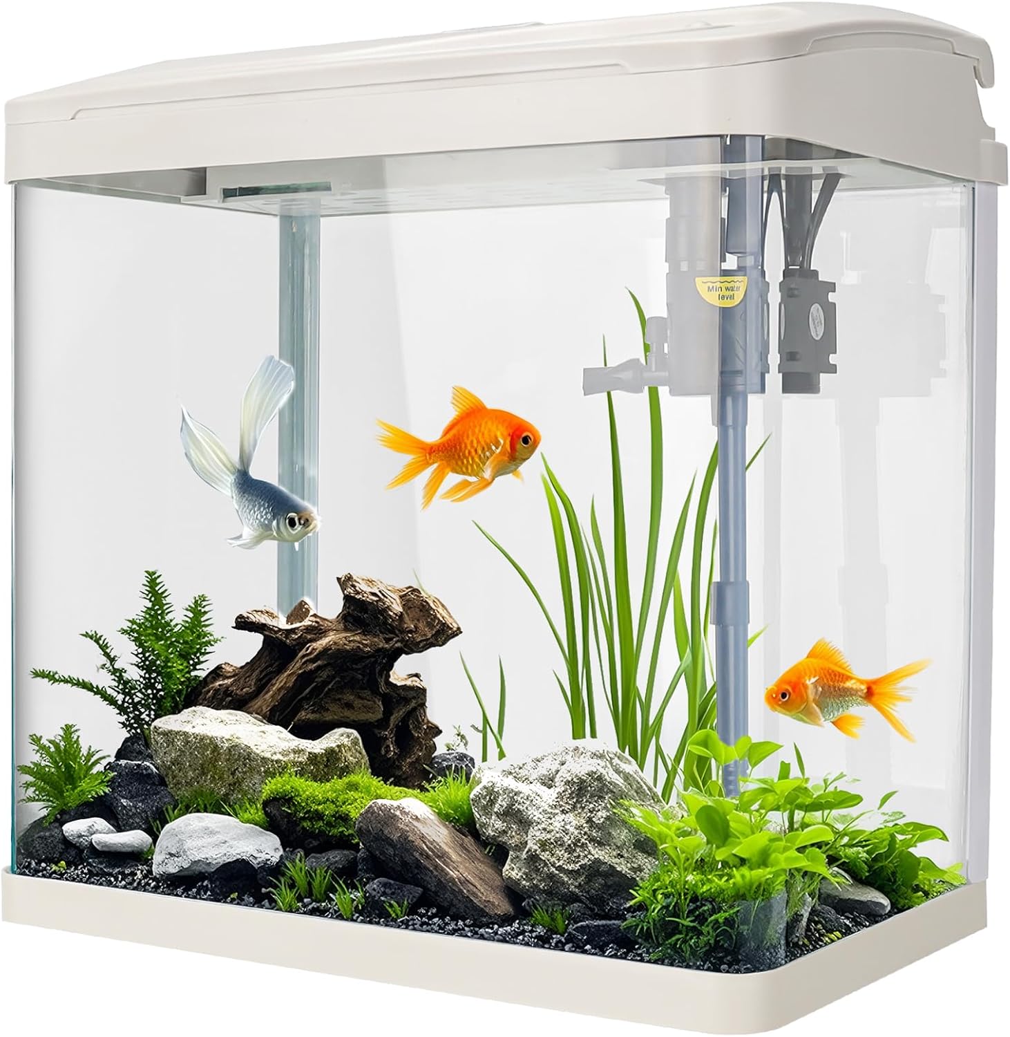Fish Tank, 17L Glass Aquarium with Filter System, LED Lights, Water Pump, Betta Fish Tank for Goldfish, Shrimps, White