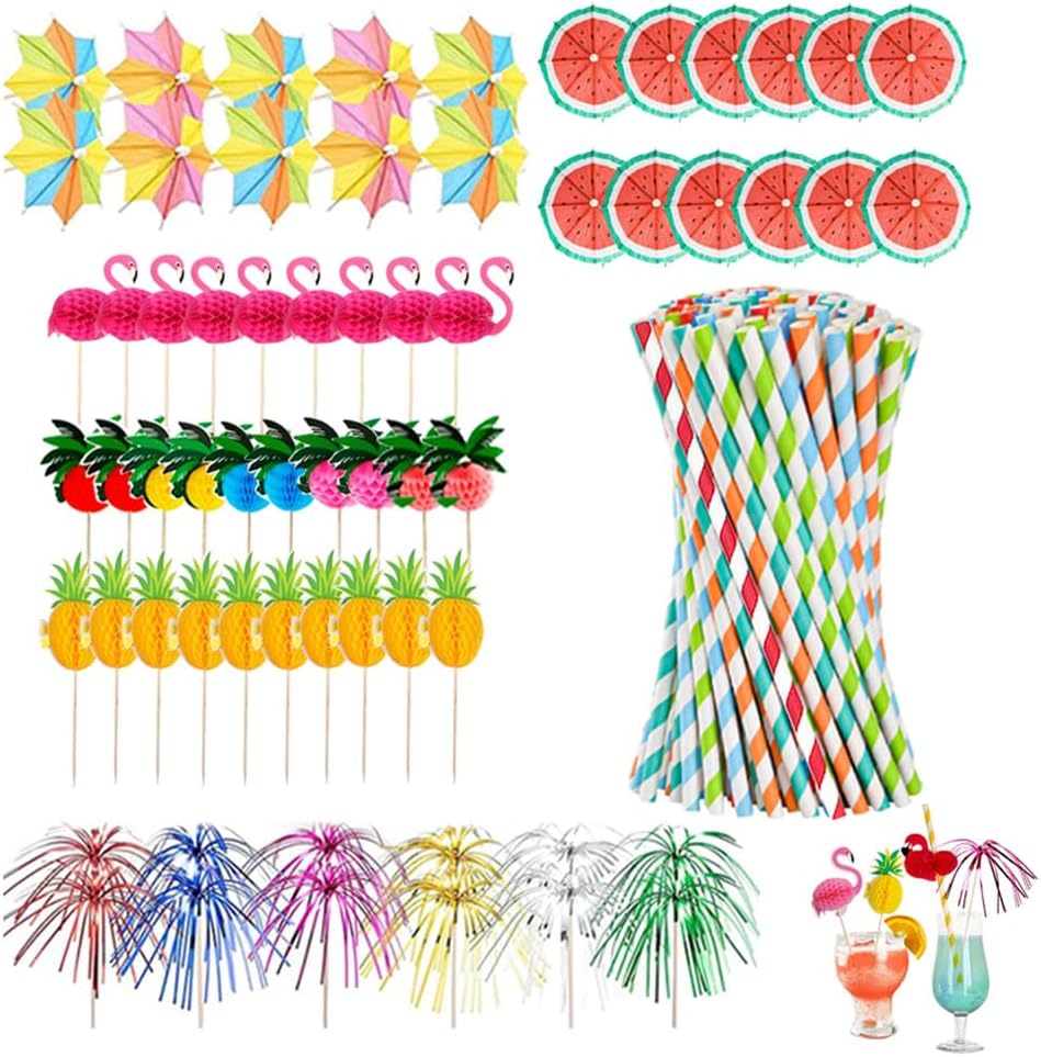 Cocktail Accessories for Drinks, 110 Pcs Cocktail Party Decorations with Cocktail Umbrellas Cocktail Straws Sparkler Sticks for Party Decoration, Cake Toppers, Bar, Birthday, Picnics, Beach