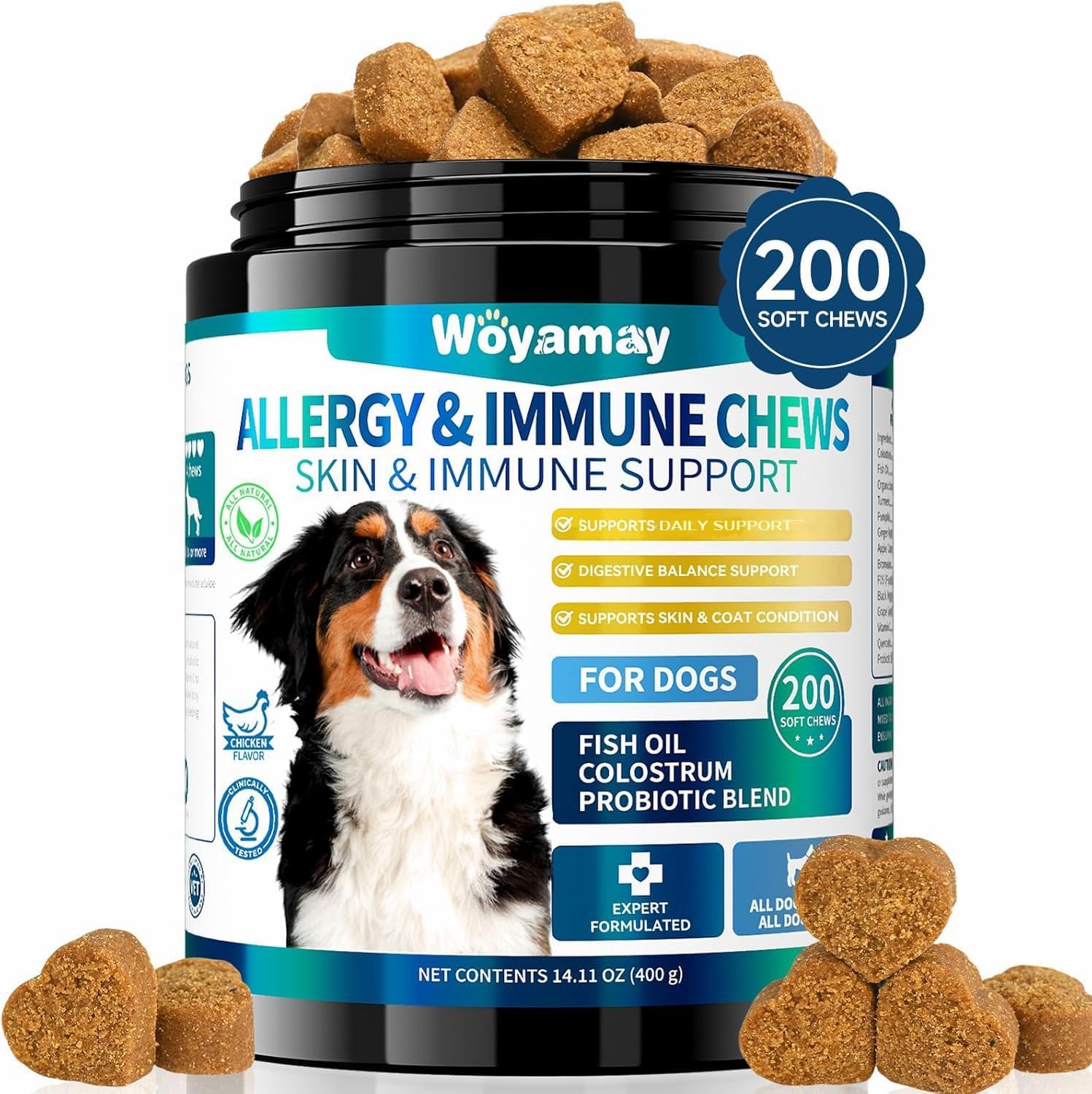 Woyamay 200 Skin & Daily Support Treats for Dogs, Skin Comfort Chews for Coat, Paws with Salmon Oil & Omega-3, Supports Daily Comfort, Chicken Flavor