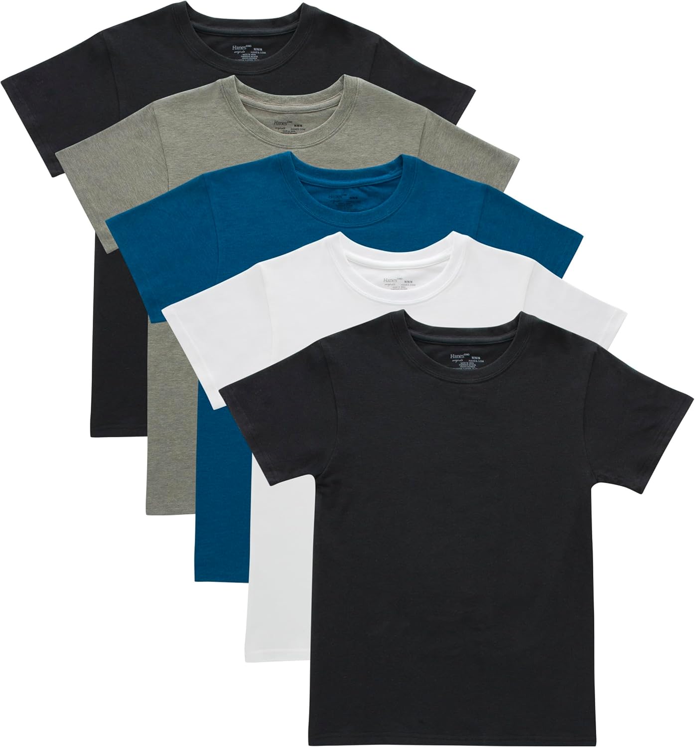 Hanes Boys' Big Originals Crewneck Undershirts Pack, Stretch Cotton, Black & Assorted, 5-Pack