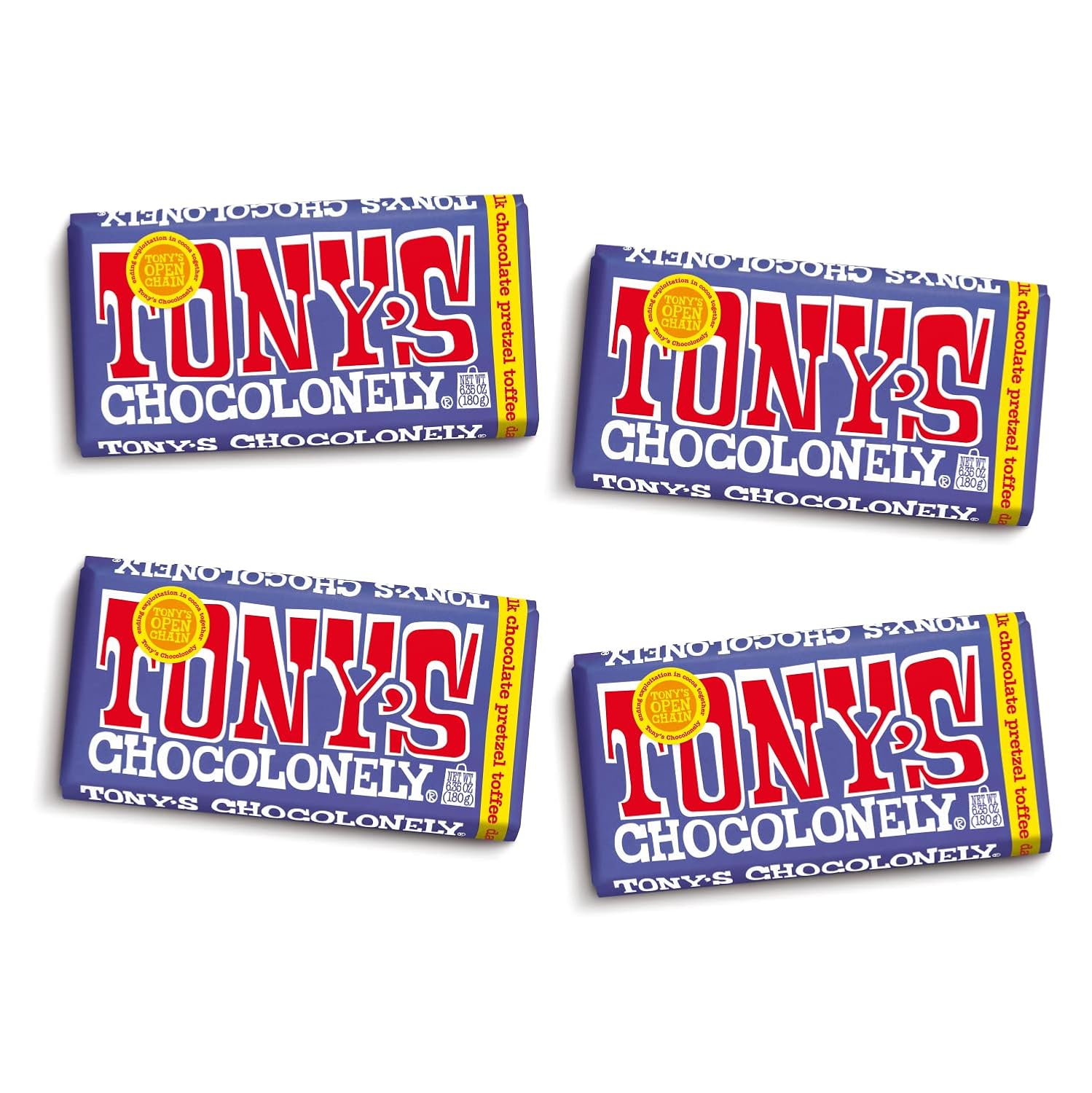 Tony's Chocolonely 42% Dark Milk Chocolate Bar with Pretzel & Toffee - Dark Milk Chocolate, Pretzel & Toffee Chunks, Belgium Chocolate, No Artificial Flavoring, Fairtrade & B Corp Certified - 6.35 oz, 4 Bars