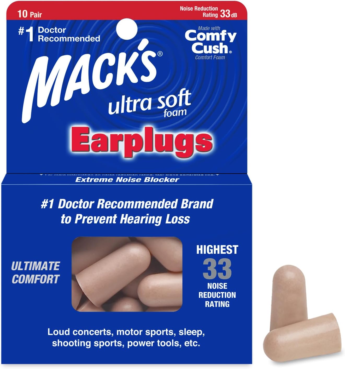 Mack's Ultra Soft Foam Earplugs, 10 Pair - 33dB Highest NRR, Comfortable Ear Plugs for Sleeping, Snoring, Work, Travel and Loud Events | Made in USA