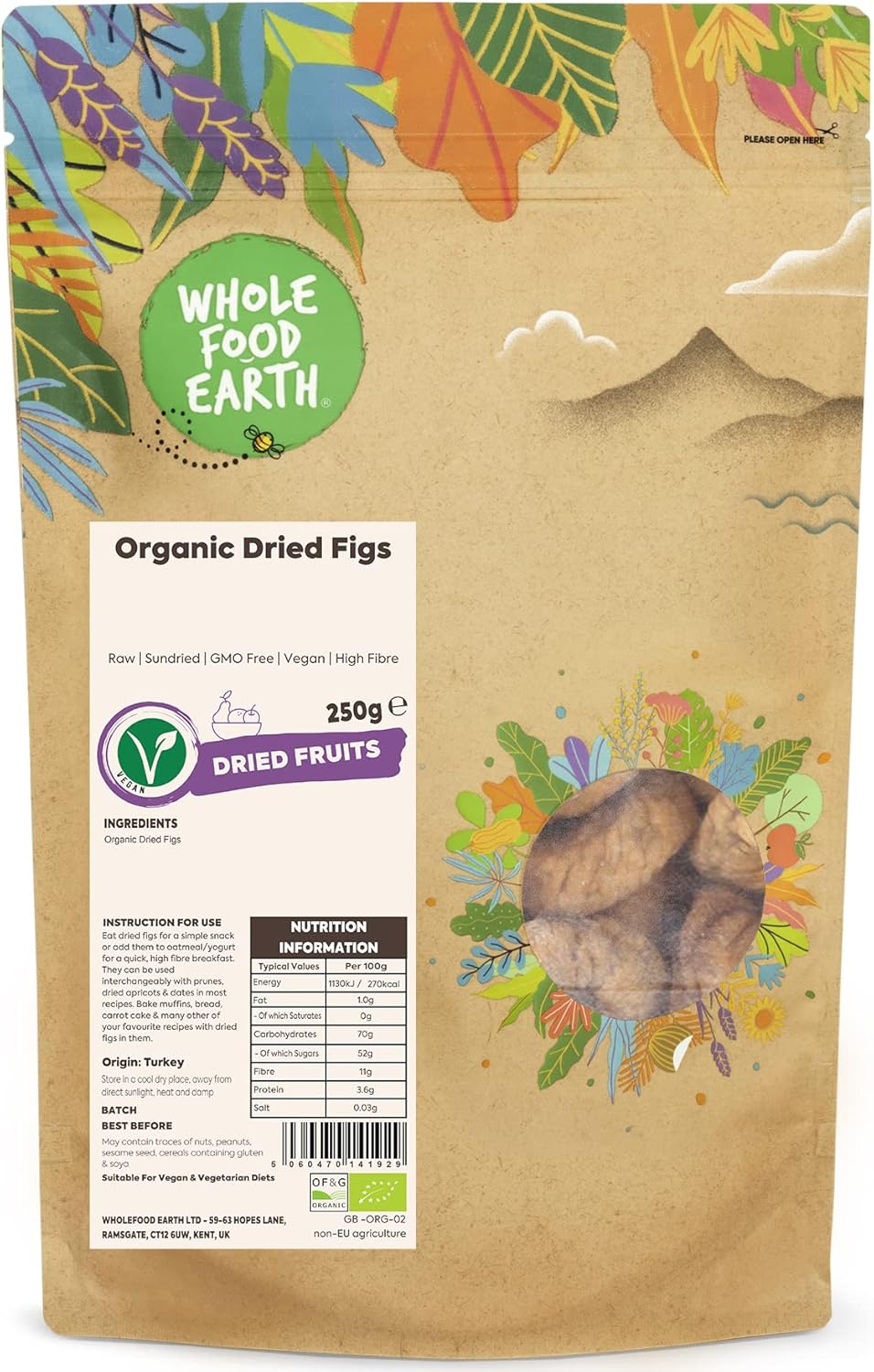 Wholefood Earth Organic Dried Figs – 250g | Raw | Sundried | GMO Free | Vegan | High Fibre | Certified Organic