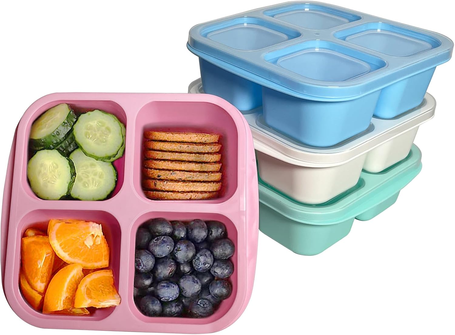 MEEYUU 4 Pack Snack Containers, 4 Compartments Bento Snack Box, Reusable Meal Prep Lunch Containers for Kids Adults, Divided Food Storage Containers for School Work Travel (Green/Blue/Pink/White)