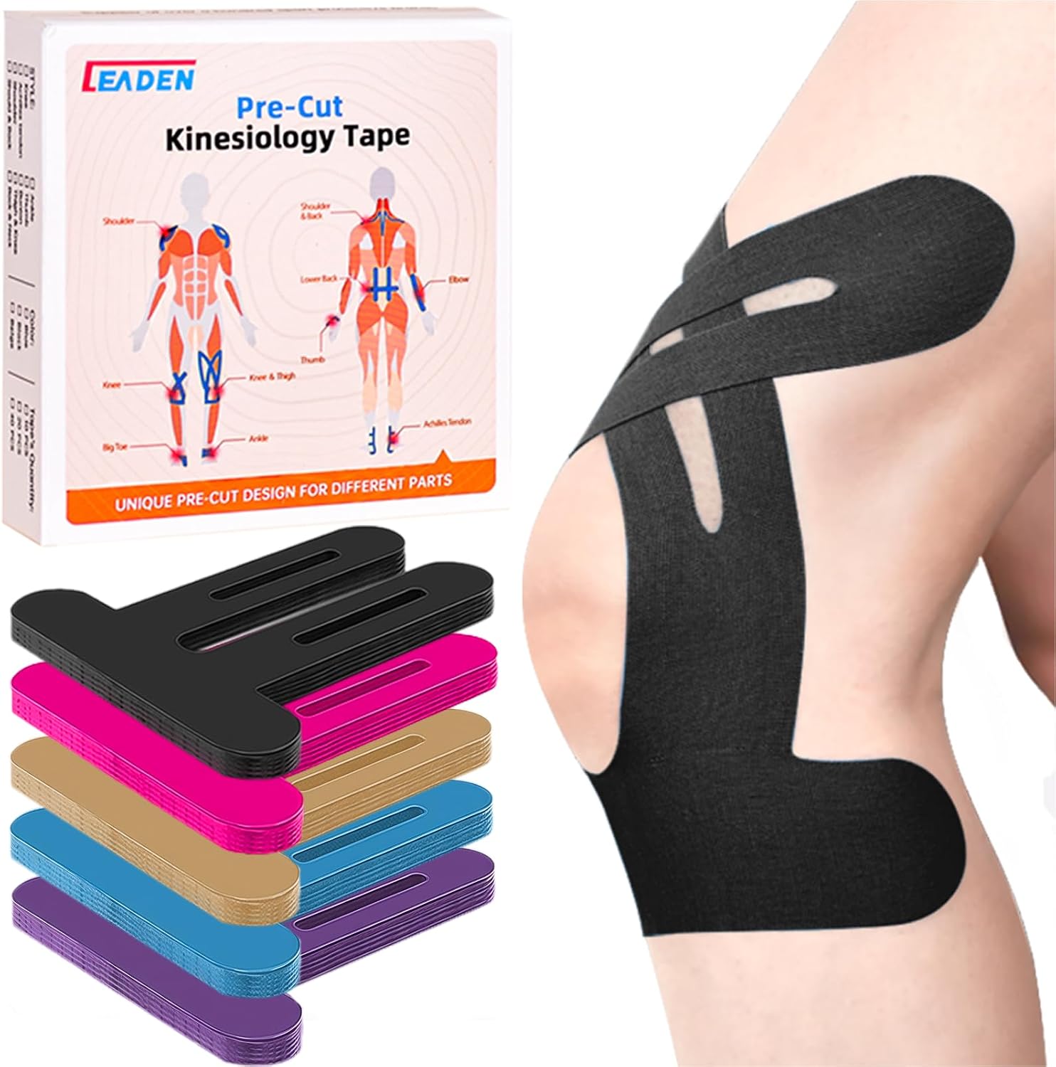 Precut Kinesiology Tape for Knees, 10 Pcs, Black