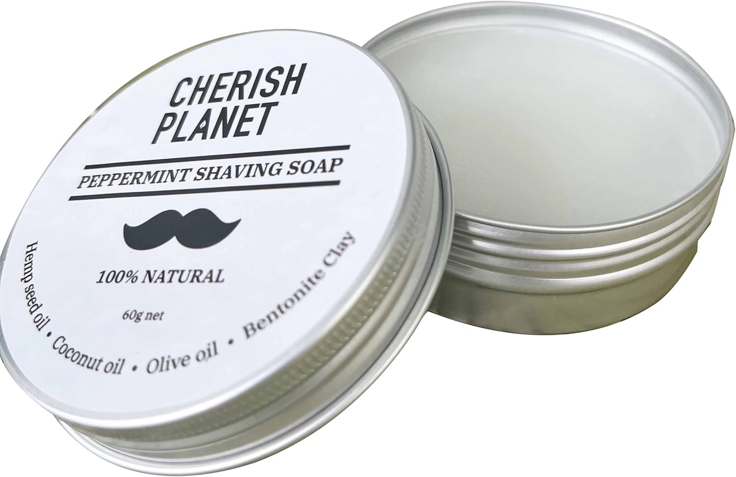 Set of 3 Natural Shaving Soaps with Hemp Seed Oil, Coconut Oil, Olive Oil & Bentonite Clay - Peppermint Scent - Reusable Metal Tin - 60g Each
