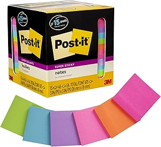 Post-it Super Sticky Notes, Assorted Bright Colors, 3x3 in, 15 Pads/Pack, 45 Sheets/Pad, 2x the Sticking Power, Recyclable, Multi-color