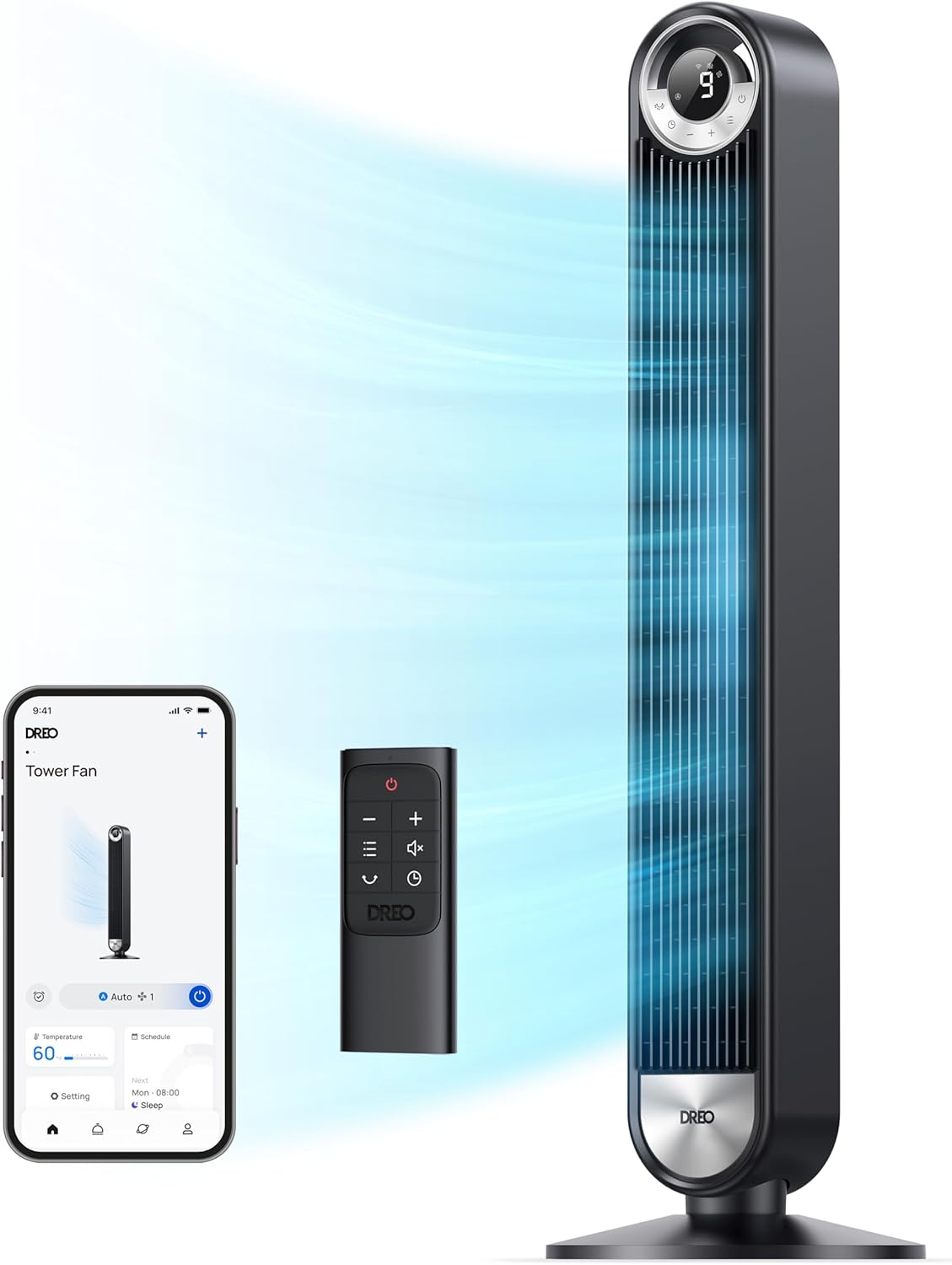 Dreo 25dB Smart Silent Tower Fan, 28 ft/s Velocity Standing Fan for Bedroom, 9 Speeds 4 Modes, Upgraded DC Cooling Fans, 90° Oscillating Bladeless Electric Fans, 12H Timer, WiFi/Alexa/Remote Control