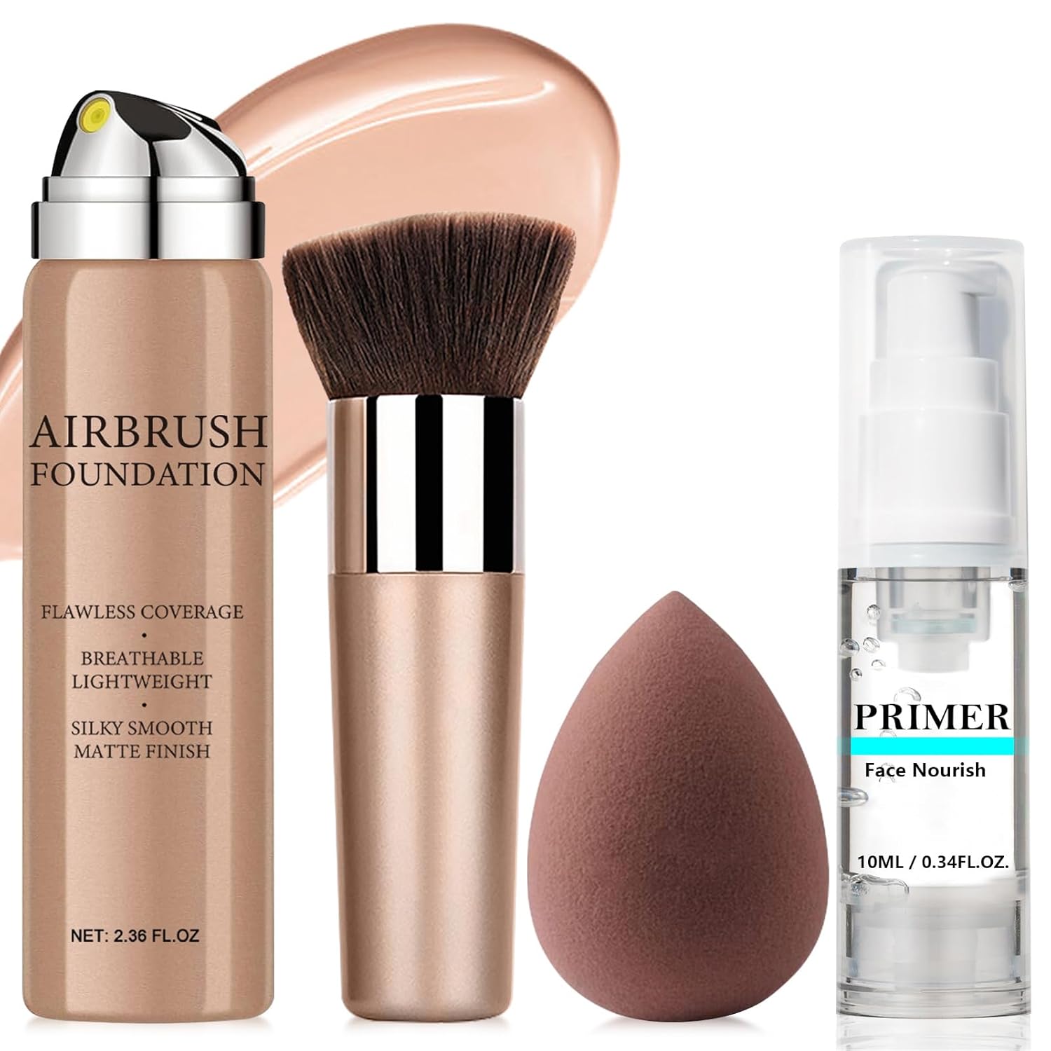 AirBrush Foundation Spray With Primer and Brush, Silky Mist Foundation Spray Makeup, Full Coverage Foundation for Smooth Radiant Finish, Formula Breathable Lightweight Hydrating (#1 Natural)