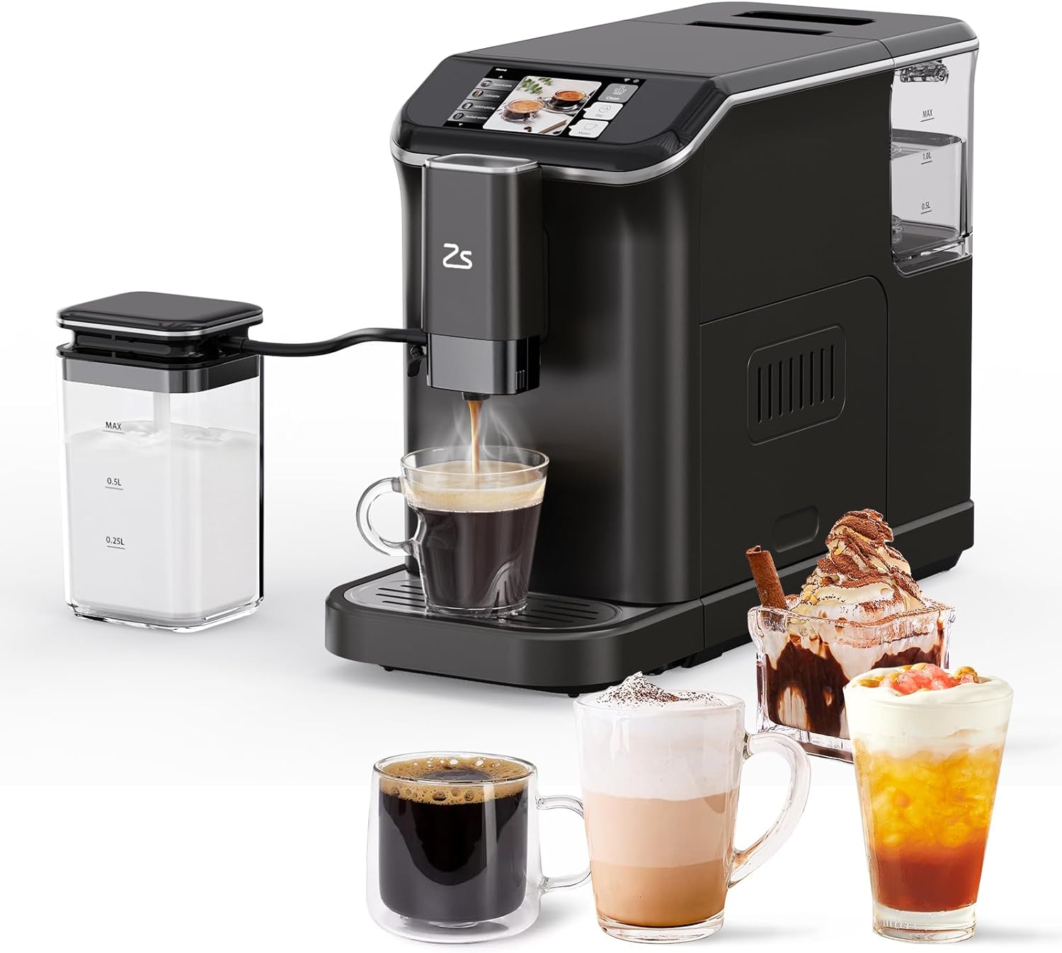 Fully Automatic Espresso Machine with Automatic Milk Frother, 20 Bar Built-In & Adjustable Espresso Bean Grinder, 1-15 Adjustable Grind Size Levels, Touch Screen Coffee Machine for Coffee Lover