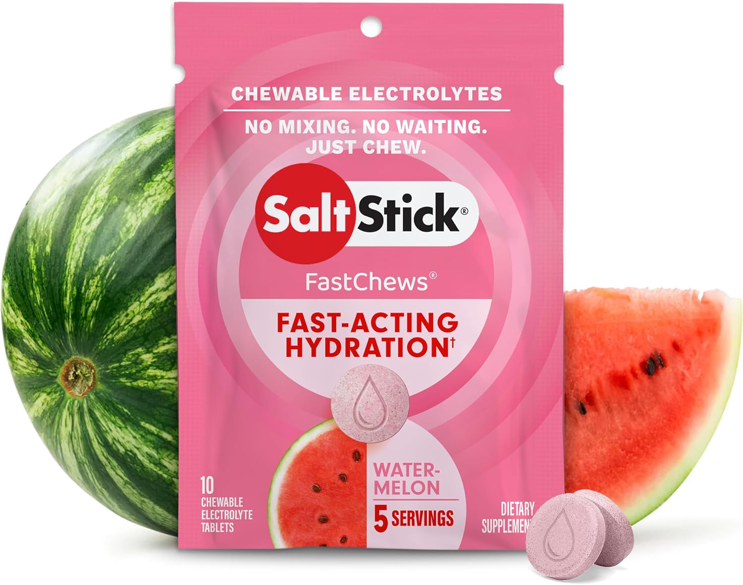 SaltStick Fastchew Electrolyte Replacement Tablets for Rehydration, Packet of 10 Tablets, Watermelon, 10 Count