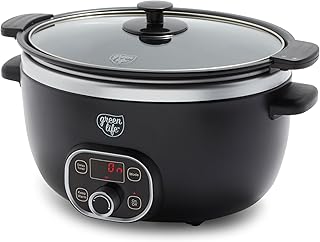 GreenLife 6 Quart Ceramic Slow Cooker, PFAS-Free, Programmable, Removable Healthy Nonstick Pot for large families, Sear on Stovetop, Keep Warm, Digital Timer, Dishwasher Safe Glass Lid & Crock, Black