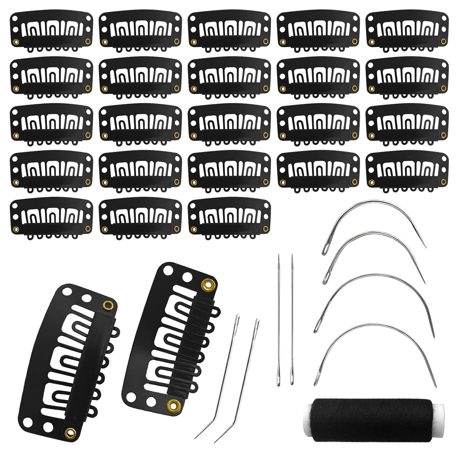 25Pcs 32mm Hairpieces Snap Clips U Shape Wig Clips for Hair Extensions Making Wig Accessories Set Tools (Black)