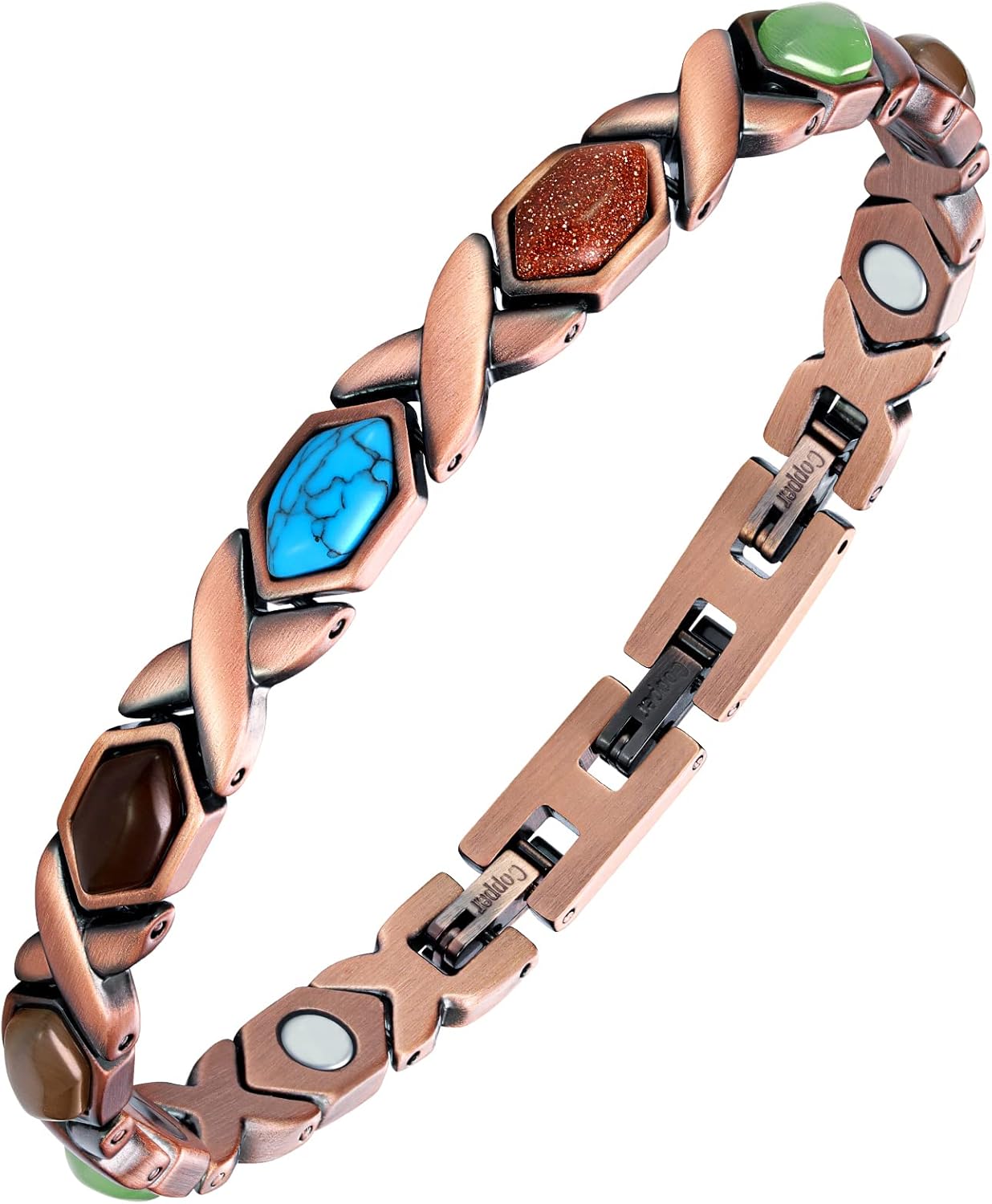 Feraco Pure Copper Bracelets for Women, Ultra Strength Magnetic Bracelet with 3800 Gauss Magnets & Natural Turquoise & Stones, Adjustable, Jewelry Gift