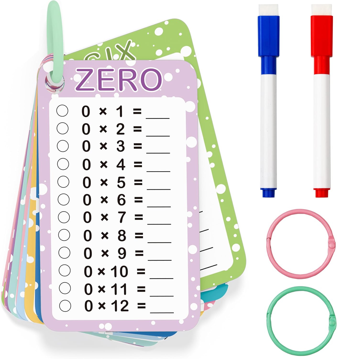 Multiplication Flash Cards 0-12, Times Table Flashcards,13 Pcs Flash Cards with 2 Dry Erase Markers 2 Rings, 1st to 3rd Grades Multiplication Game