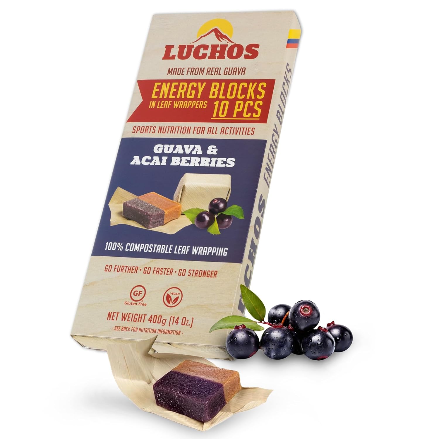 LUCHOS Natural High Energy Bars Power Blocks for Sports, Endurance, Running, Hiking, Cycling, Pre Workout Healthy Snacks, High Carb, Vegan and Gluten Free, Guava and Acai Berry, 10 Pieces