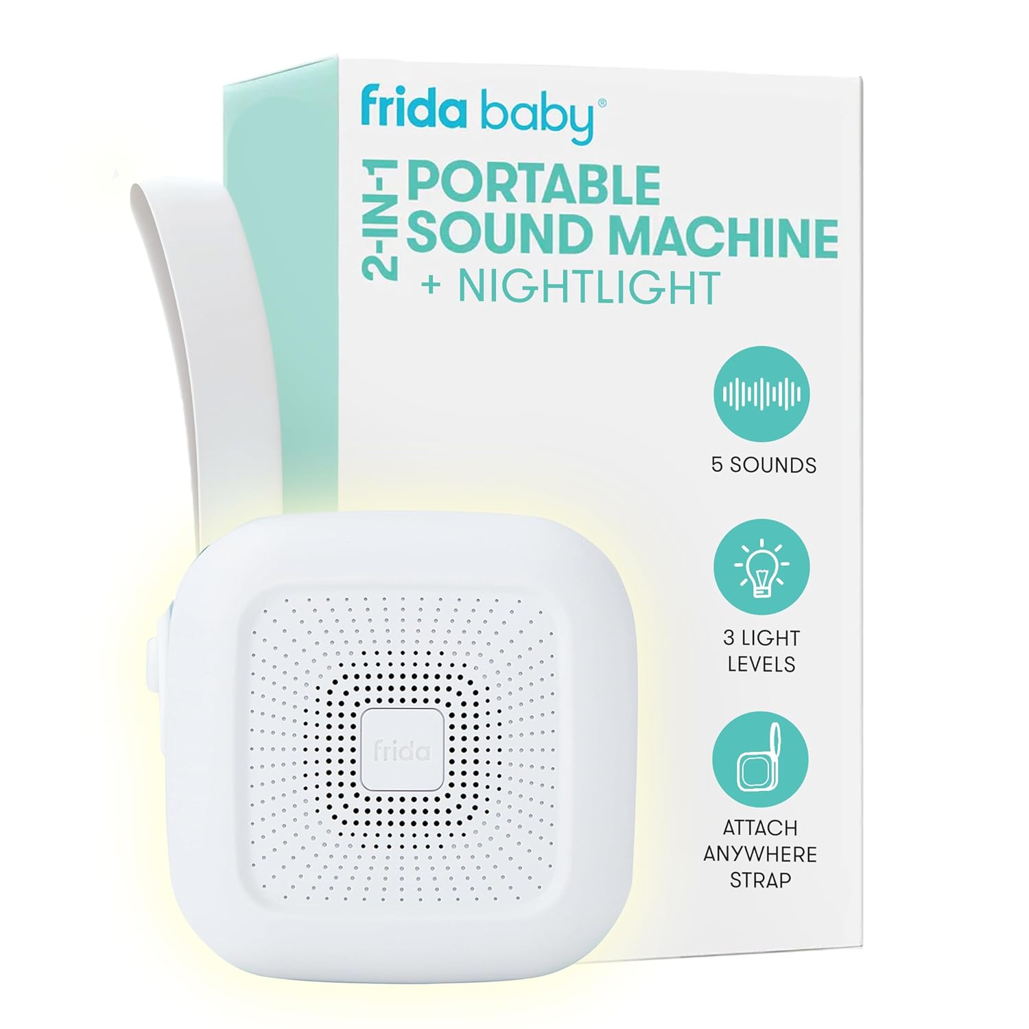 Frida Baby 2-in-1 Portable Sound Machine for Baby + Nightlight, White Noise | White Noise with 5 Soothing Sounds & 3 Nightlight Modes, Travel-Ready, Attaches to Strollers