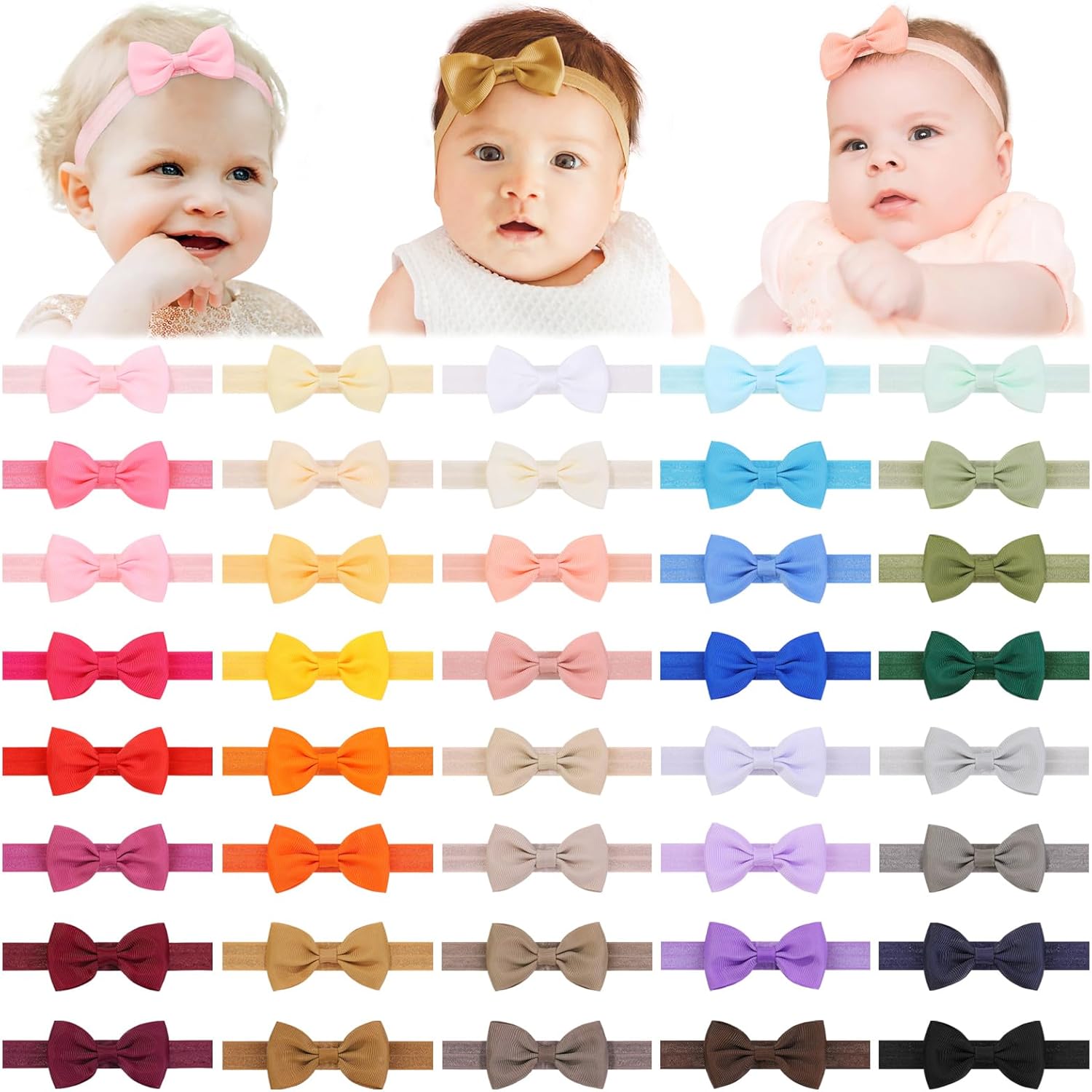 jollybows 40pcs Baby Girls Bows Headbands Elastic Hairband Ribbon Bow Hair Accessories for Newborns Infants Toddlers and Kids