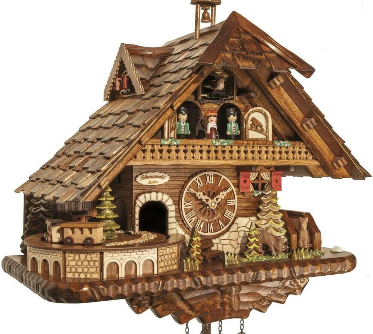 Engstler Quartz Cuckoo Clock Big Black Forest House with Music, Dancers and Moving Train EN 45110 QMT