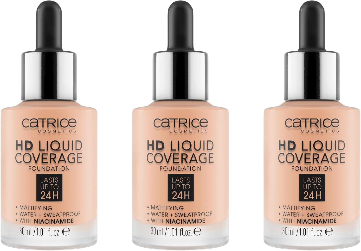 Catrice HD Liquid Coverage Foundation, No. 010, Nude, Long-Lasting, Matte, for Blemished Skin, Vegan, Oil-Free, Waterproof, Paraben-Free, Pack of 3 (3 x 30 ml)