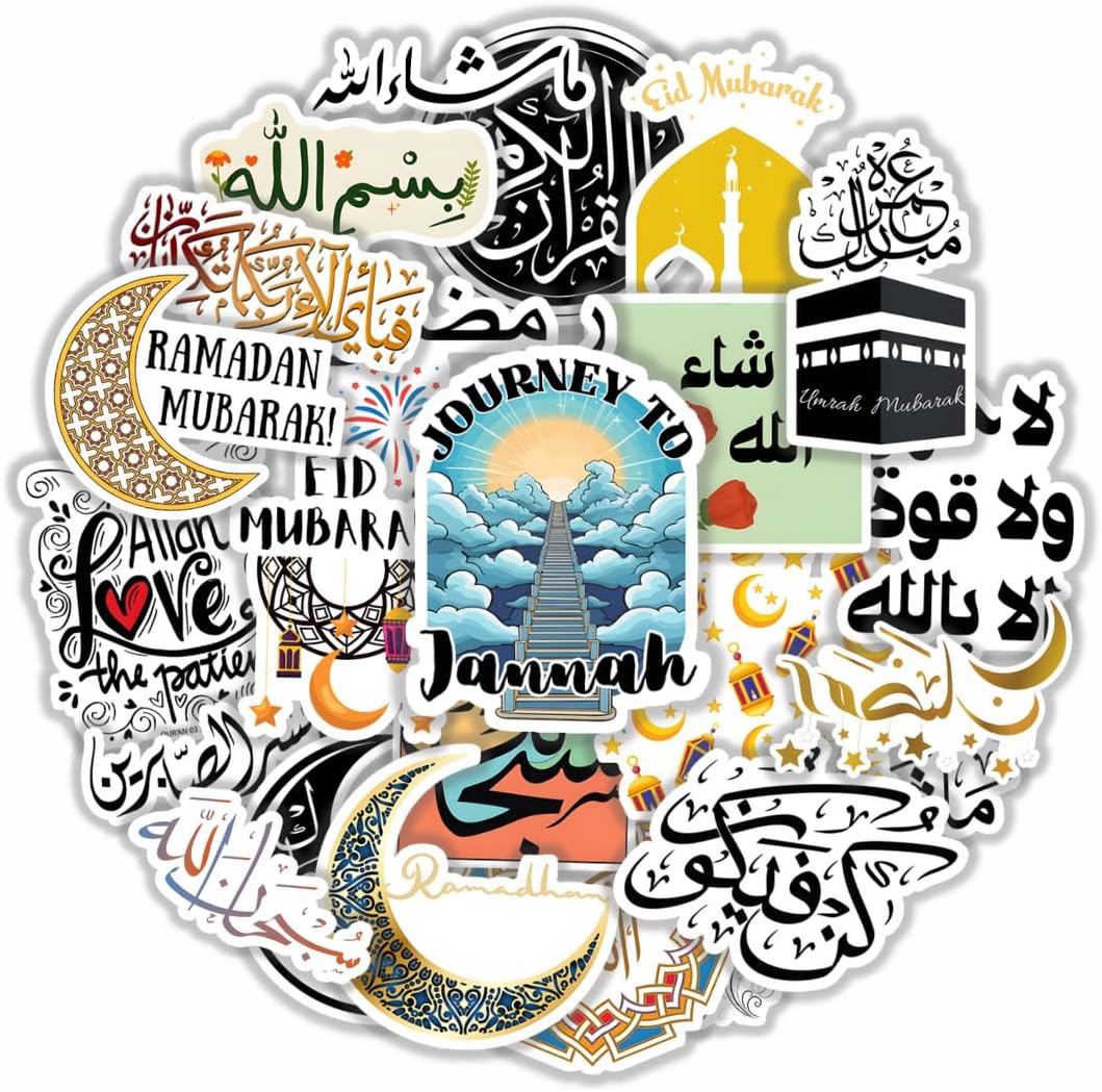 75PCS Islamic Stickers Pack - Arabic Calligraphy and Inspirational Quotes Waterproof Vinyl Decals for Laptops, Water Bottles, Phones, Gift Bags, Ramadan Party Favors & Decorations