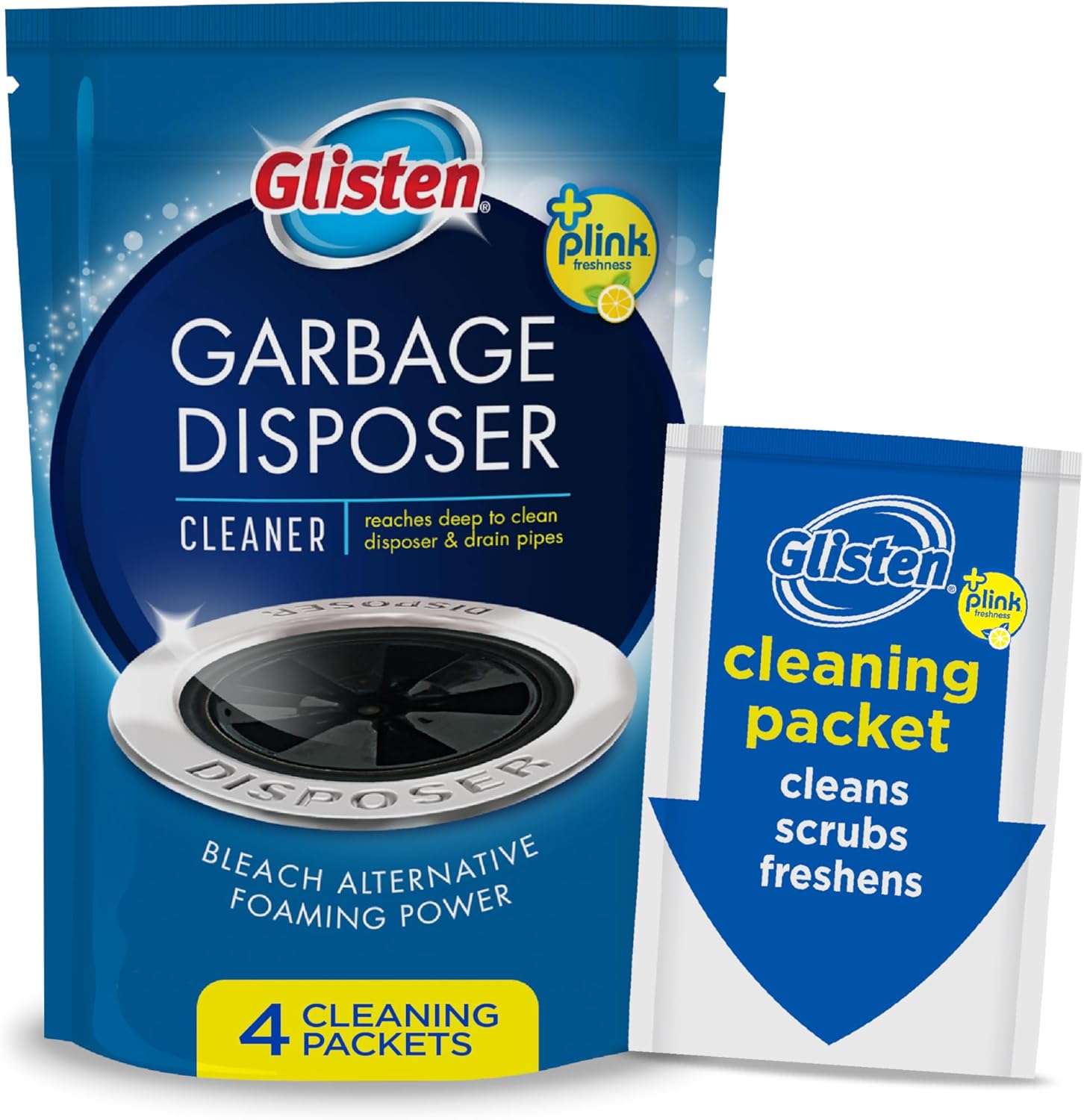Glisten Garbage Disposer Cleaner and Freshener, Sink Disposal Odor Eliminator with Foaming Action, Lemon Scent, Made in the USA, 4 Packets
