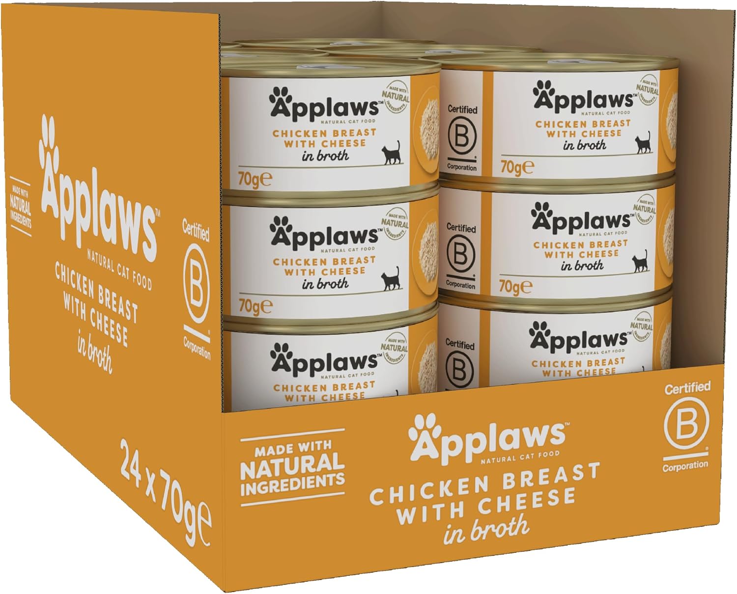Hezruy Applaws 100% Natural Wet Cat Food, Chicken with Cheese in Broth, 70 g Tin Cans (Pack of 24)