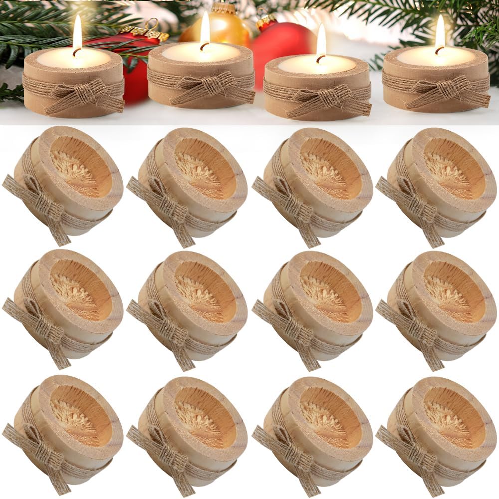 12 Pcs Wooden Tea Light Candle Holders Wooden Votive Tealight Holders Tealight Candle Stand Tealight Candlestick Table Centrepieces for Table Wedding Party Home Birthday Holiday Decor