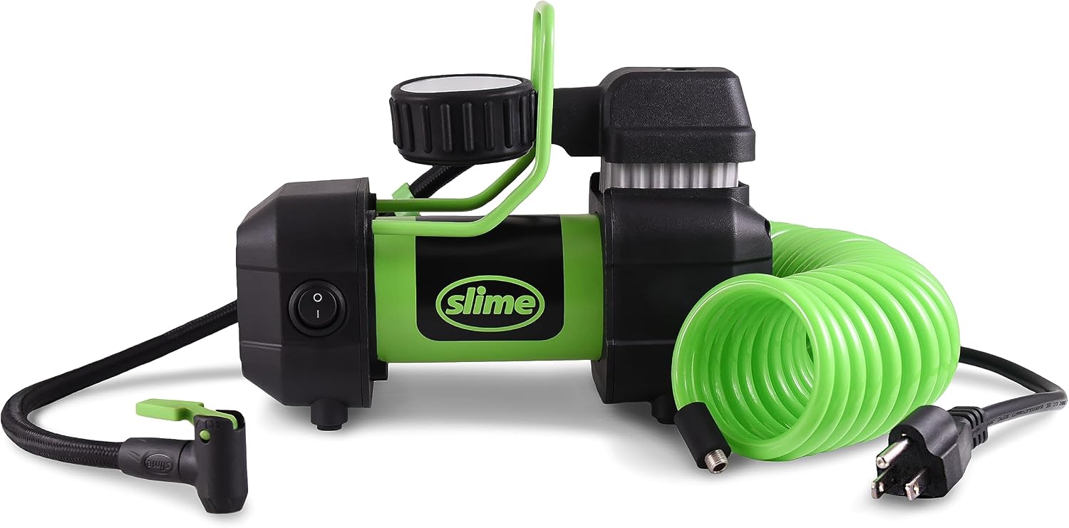 Slime 40045 Home Tire Inflator, Wall Mounted 120V, SUV, 4x4 Air Compressor, Heavy Duty, 2X Pro Power, with Analog 100 psi Dial Gauge, Long Hose and LED Light, 4 min Inflation