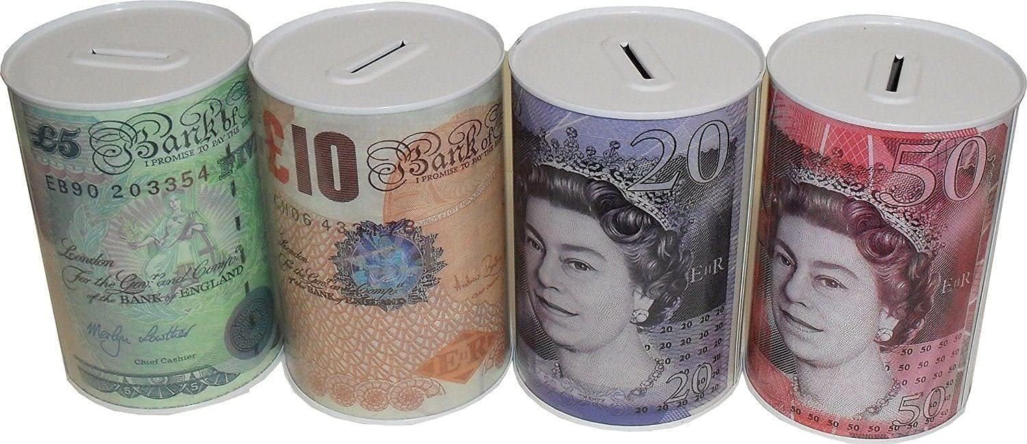 2 ur door Sterling Money Box Tin - Piggy Bank, Coin, Cash Tin and Savings Tin to Save Birthday Money, Holiday and Christmas Fund - Multi-Colour - One Random Supplied