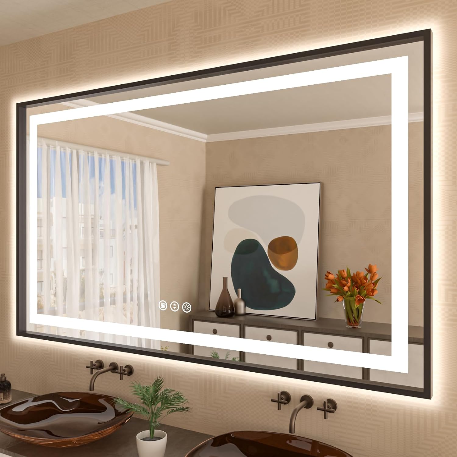 Amorho LED Bathroom Mirror, 60"X40" Front Lit and Backlit with Black Frame