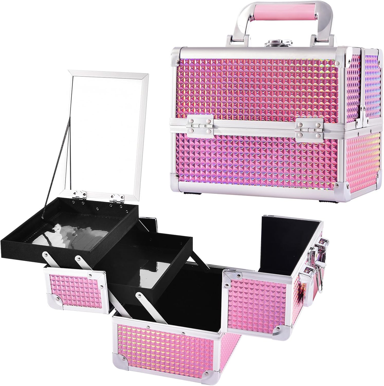 Joligrace Makeup Box Vanity Case Cosmetic Organiser Box Beauty Storage Train Case with Mirror, Lockable with Keys, Holographic Pink