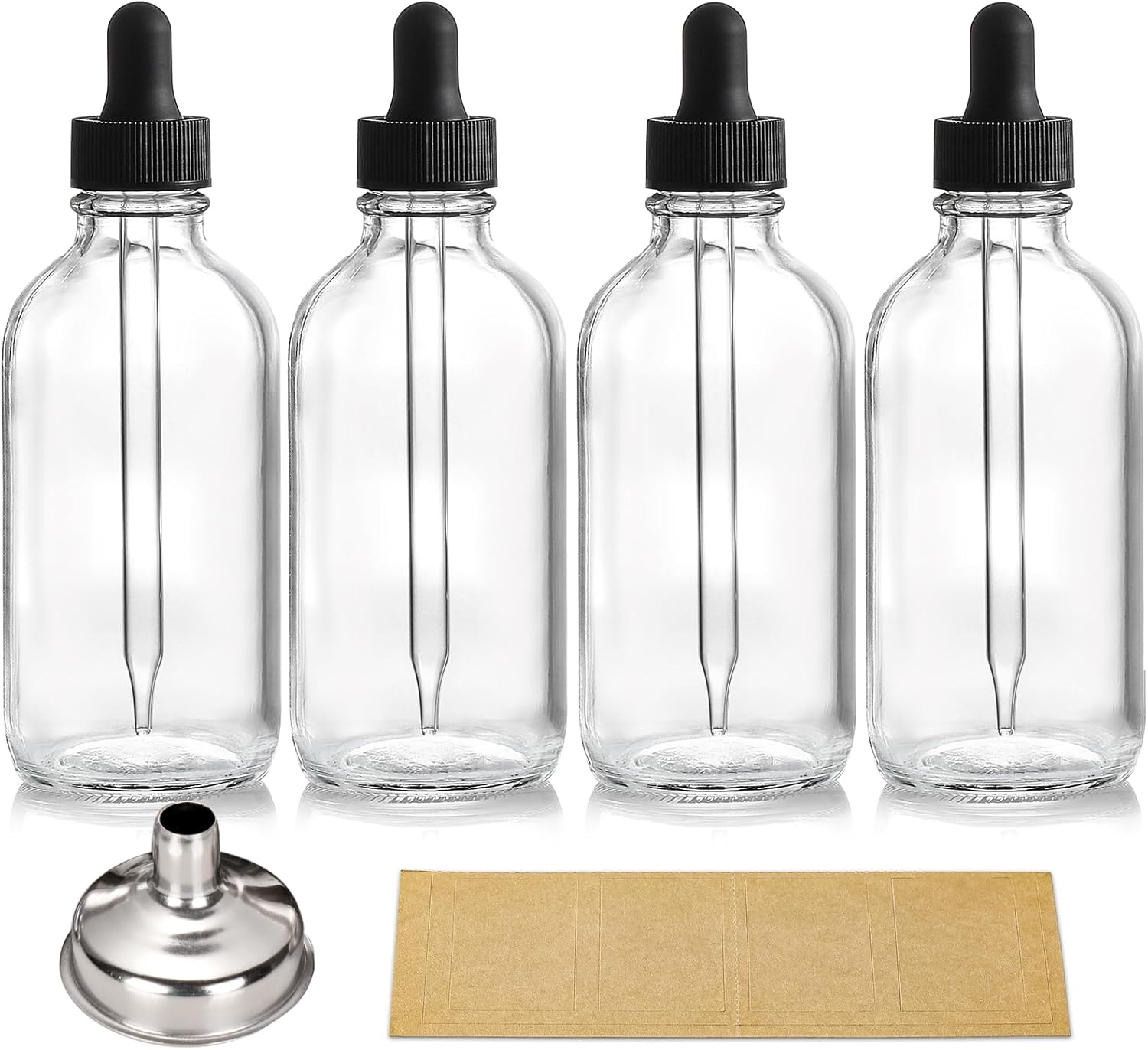 AOZITA 4 Pack, 4 oz Dropper Bottles with 1 Funnel & 4 Labels - Essential Oils Bottles for Health, Personal Care & Beauty - 120ml Thick Clear Glass Tincture Bottles with Eye Droppers, Leakproof