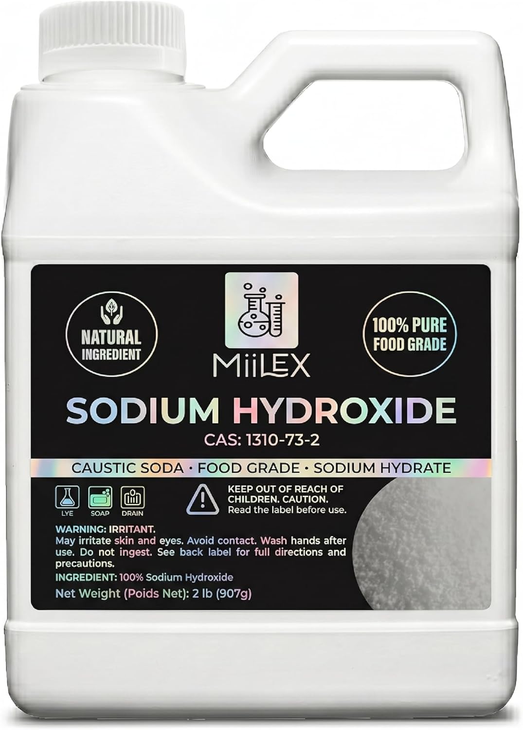 Food Grade Lye Sodium Hydroxide - 100% Pure, 100% Caustic Soda, Food Grade Lye for Soap Making, Kosher Certified | Soap Making, Drain Cleaning, and Culinary Use (2lbs or 907g)